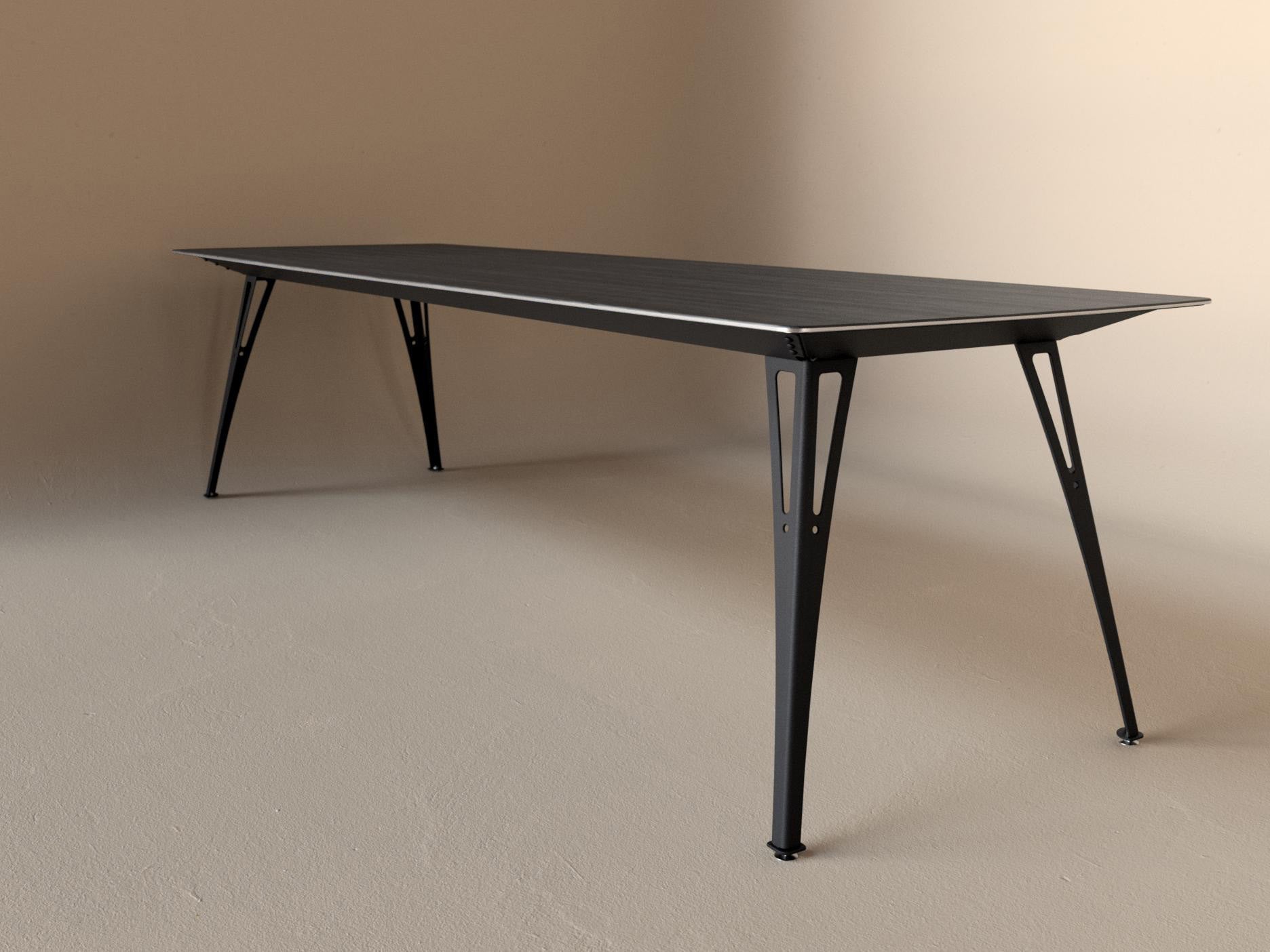 Custom Fortis dining table, 8 seat narrow format, with black maple top and black base