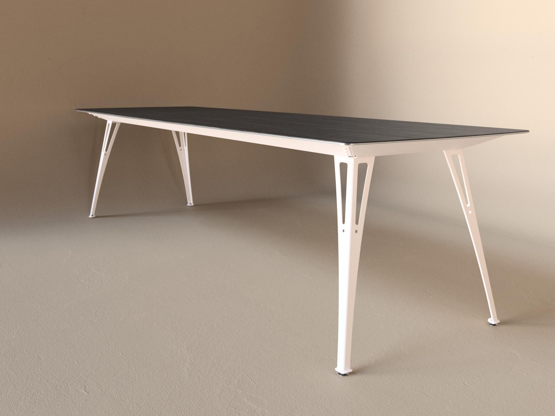 Custom Fortis dining table, 8 seat narrow format, with black maple top and white base