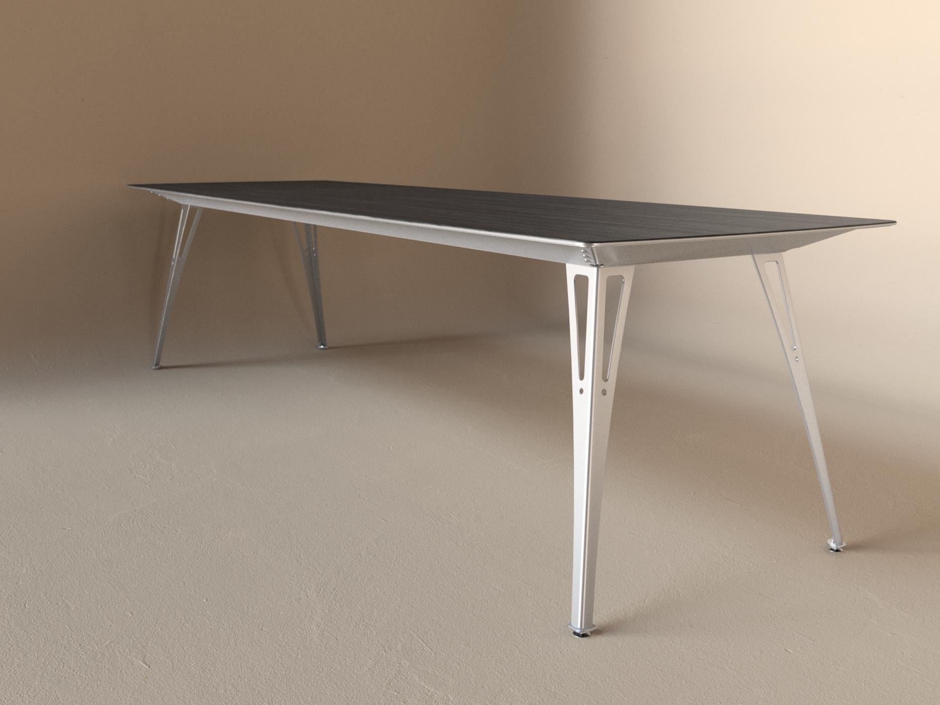 Custom Fortis dining table, 8 seat narrow format, with black maple top and aluminum base