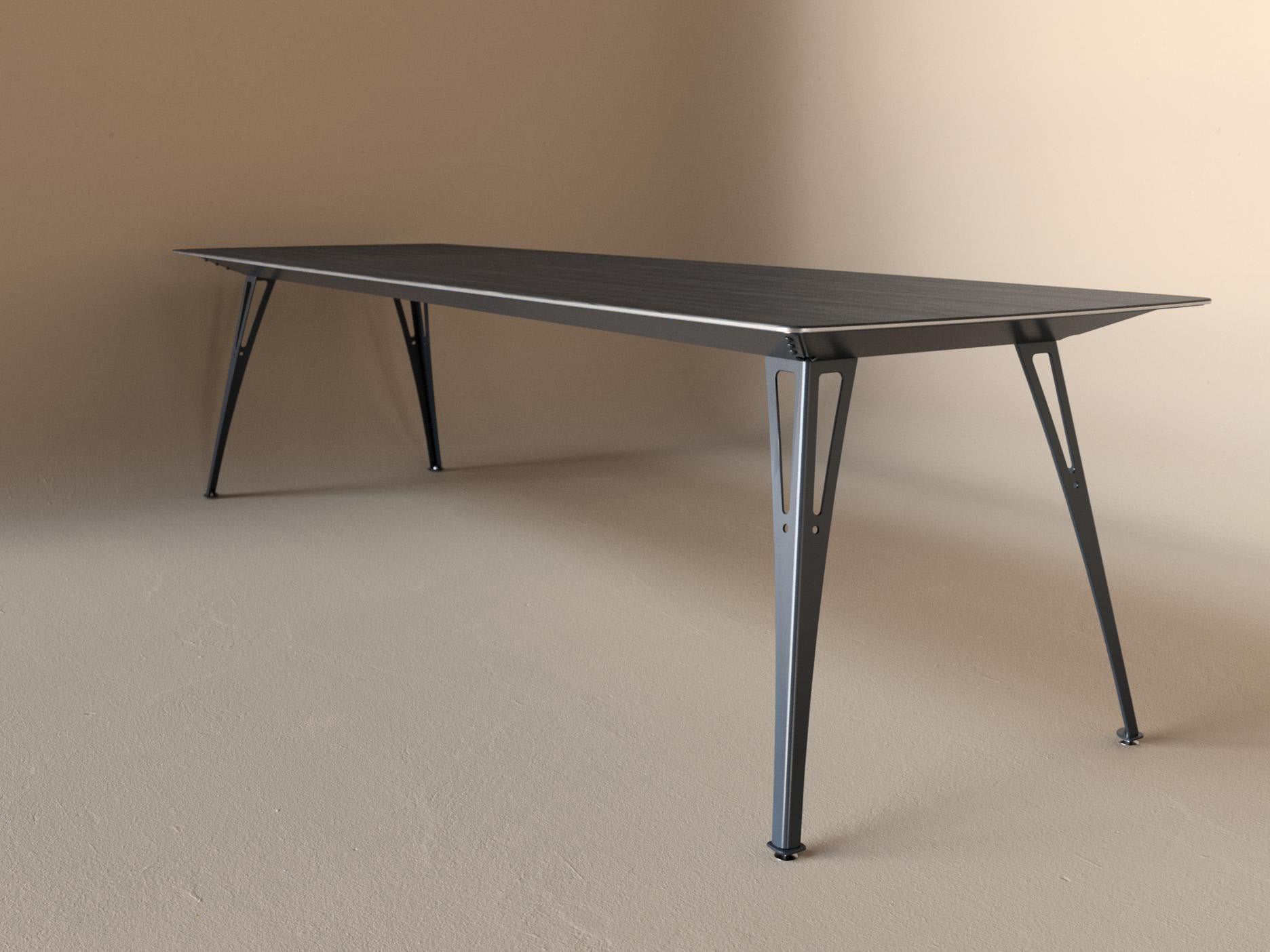 Custom Fortis dining table, 8 seat narrow format, with black maple top and raw steel base