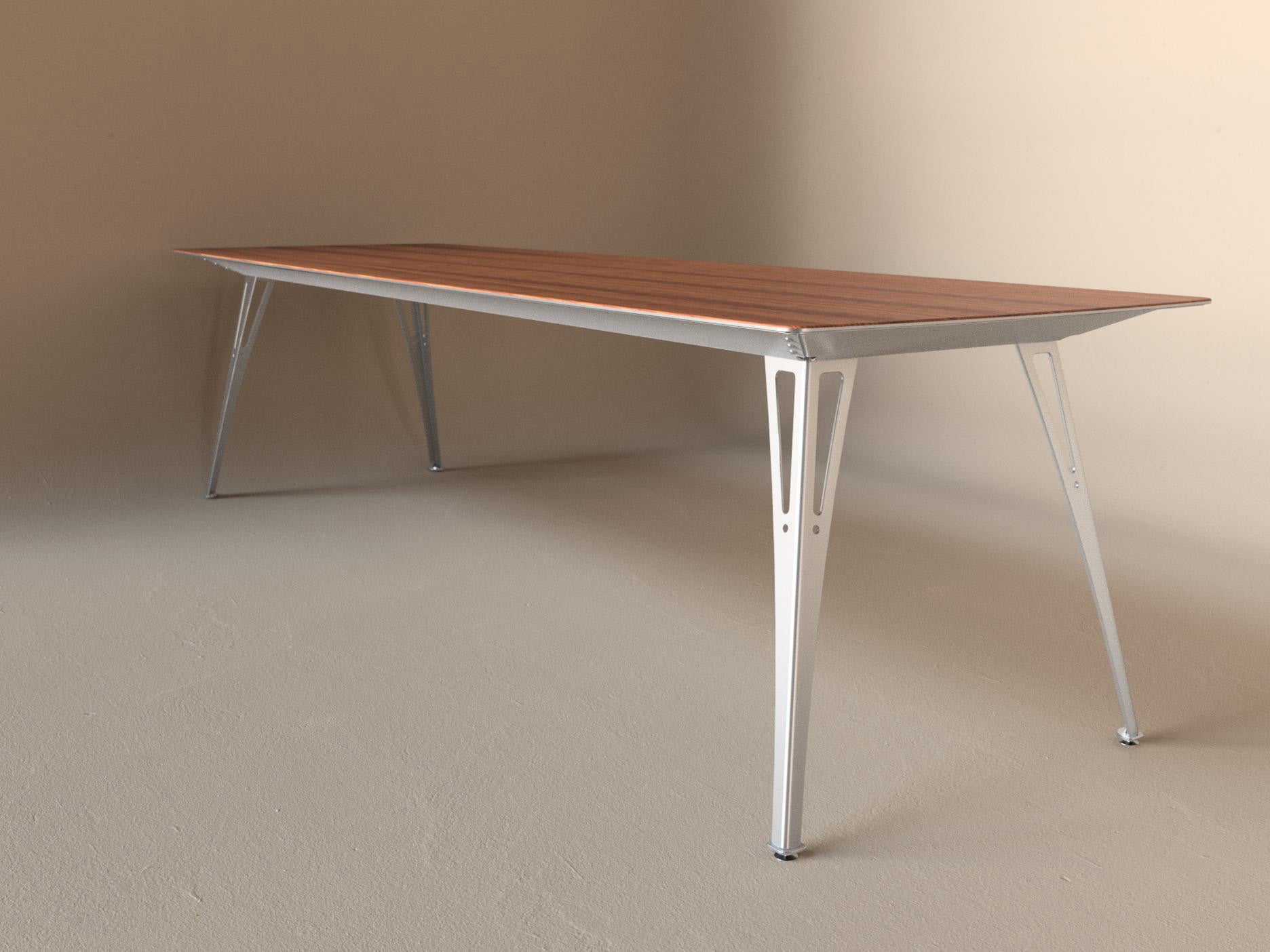 Custom Fortis dining table, 8 seat narrow format, with cherry top and aluminum base