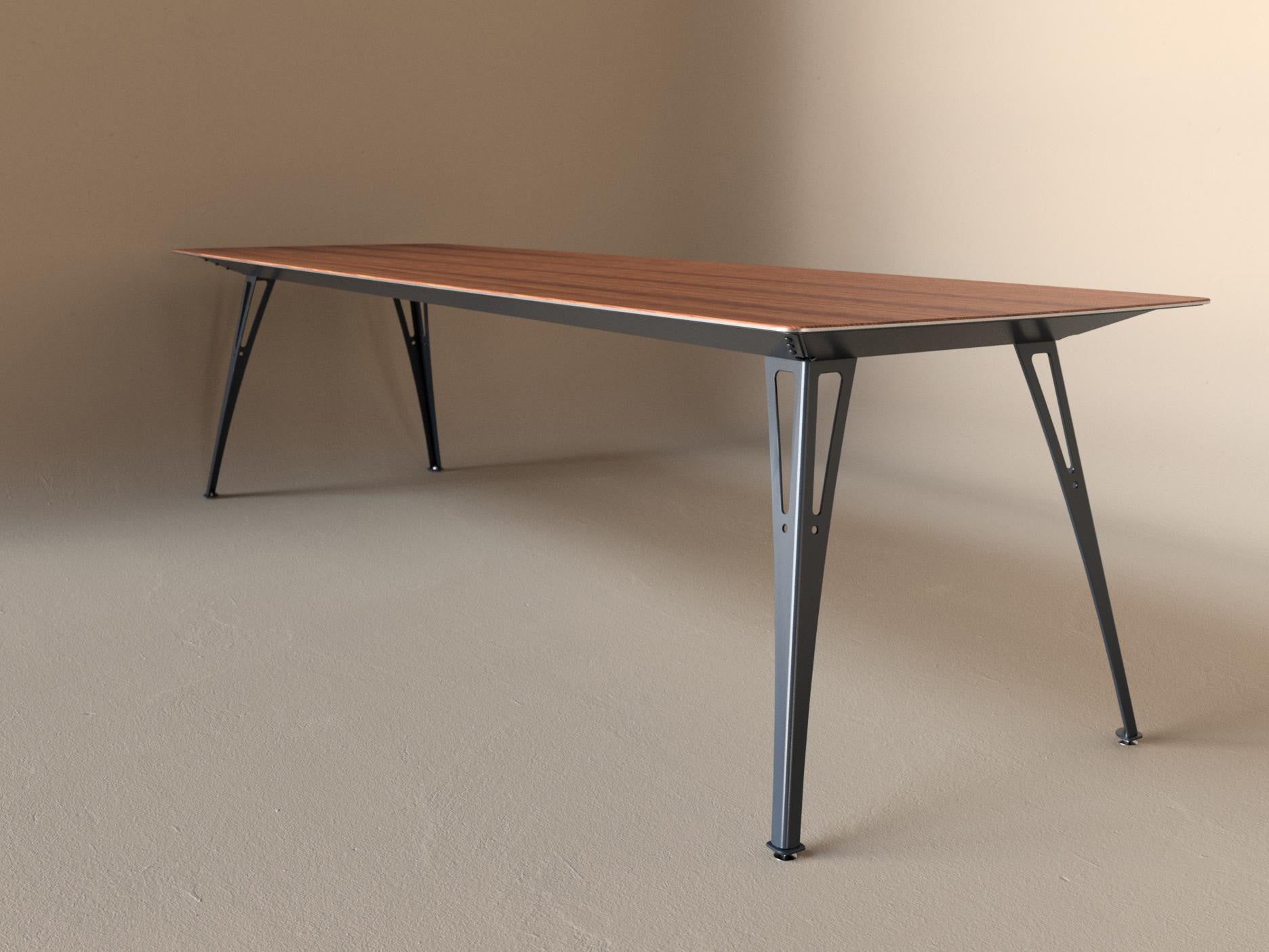 Custom Fortis dining table, 8 seat narrow format, with cherry top and raw steel base