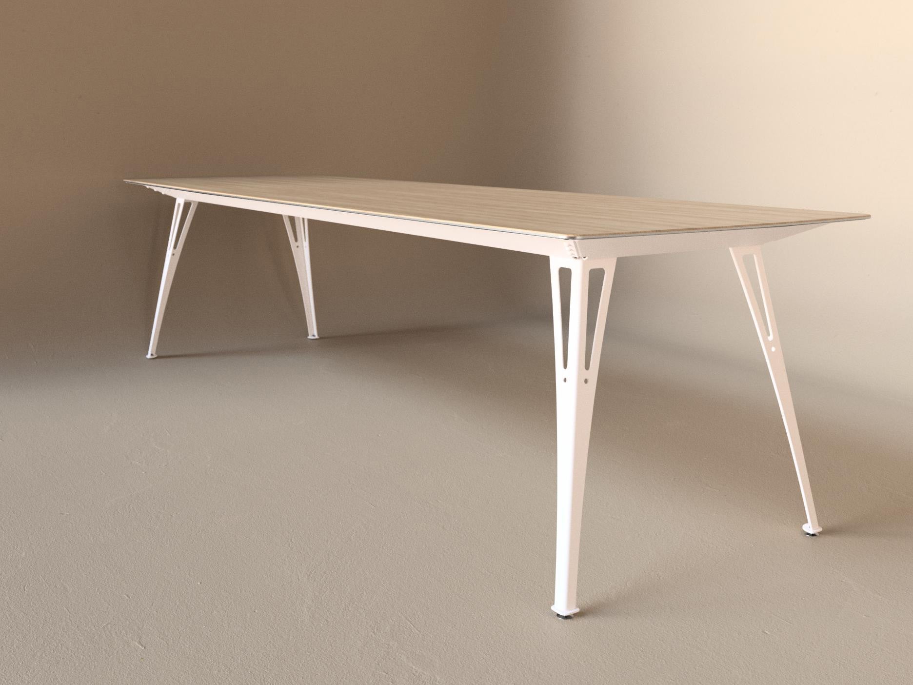 Custom Fortis dining table, 8 seat narrow format, with maple top and white base