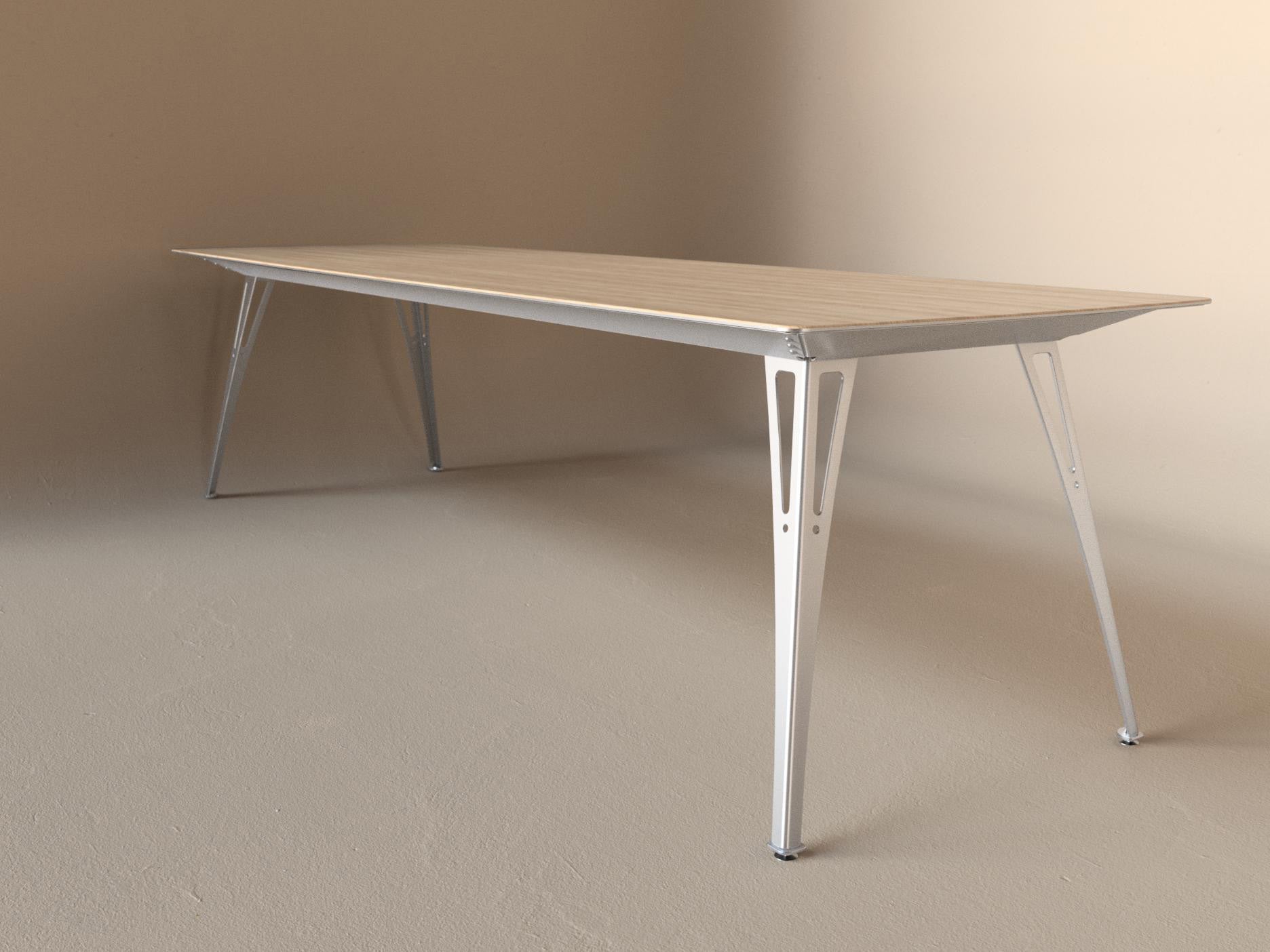Custom Fortis dining table, 8 seat narrow format, with maple top and aluminum base