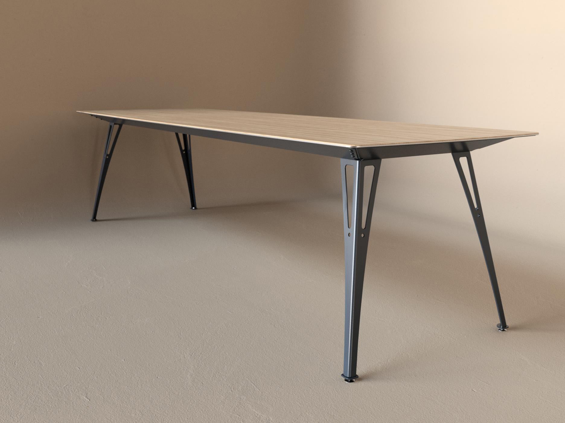Custom Fortis dining table, 8 seat narrow format, with maple top and raw steel base