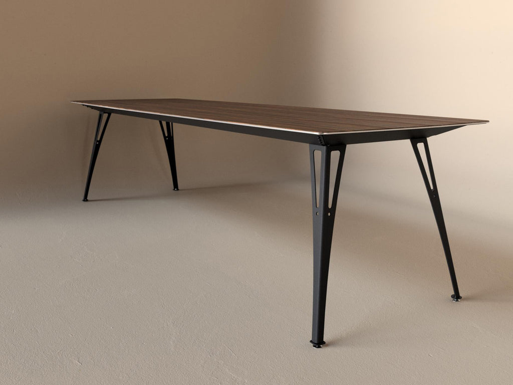Custom Fortis dining table, 8 seat narrow format, with walnut top and black base