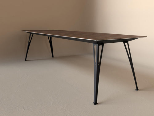 Custom Fortis dining table, 8 seat narrow format, with walnut top and black base