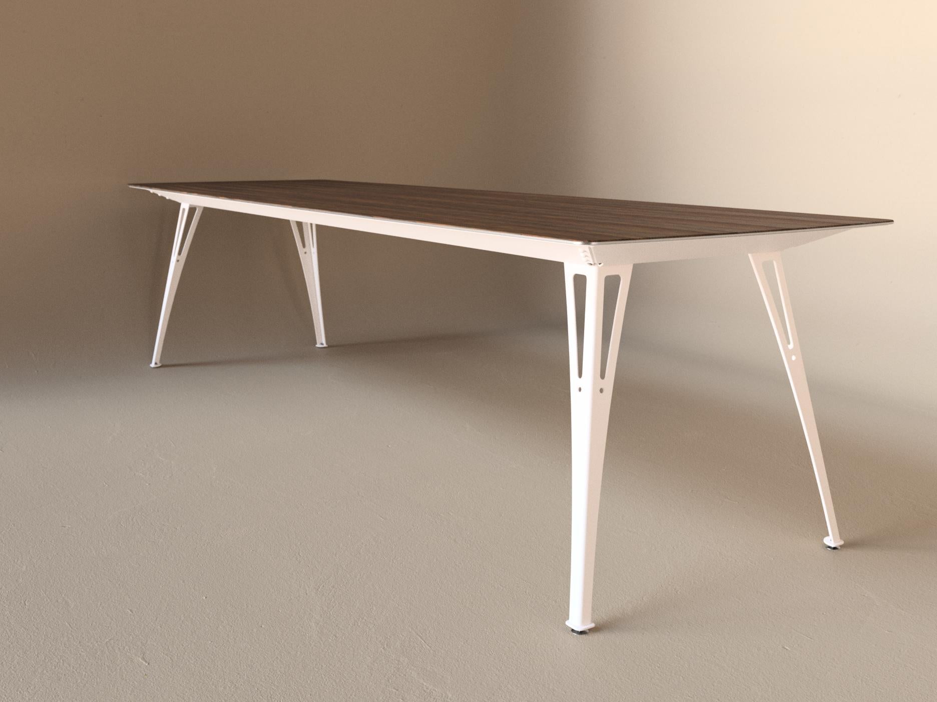 Custom Fortis dining table, 8 seat narrow format, with walnut top and white base