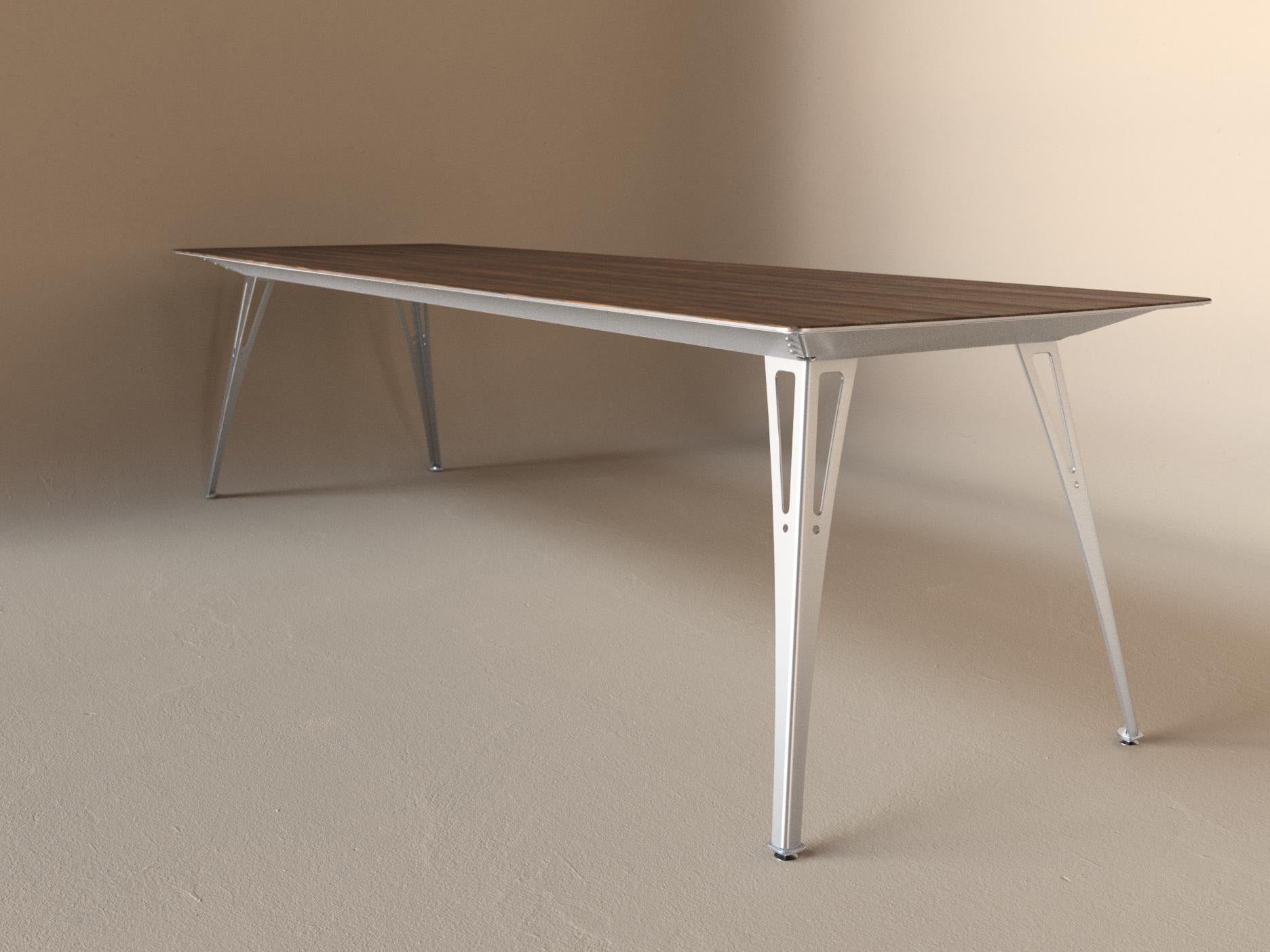 Custom Fortis dining table, 8 seat narrow format, with walnut top and aluminum base