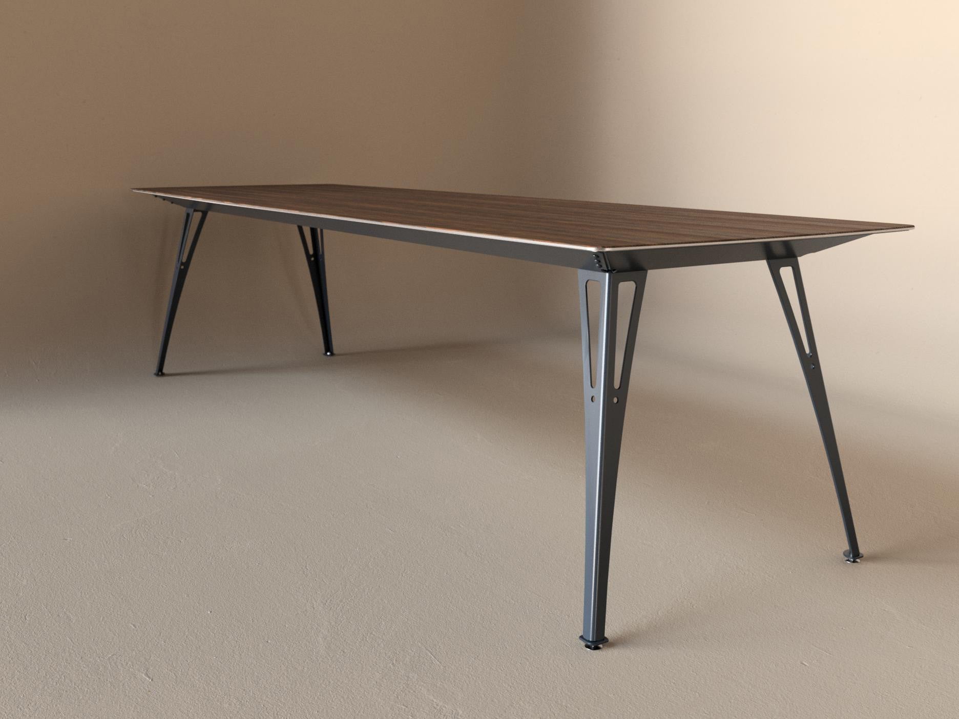 Custom Fortis dining table, 8 seat narrow format, with walnut top and raw steel base