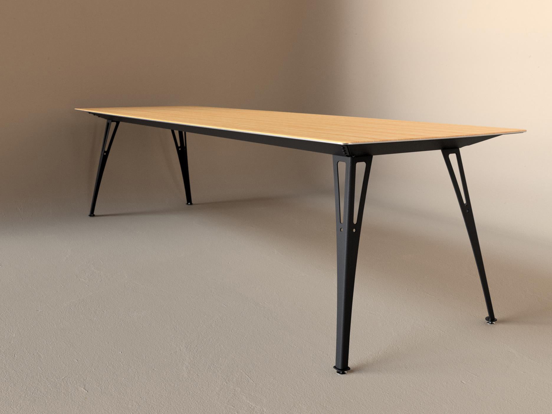 Custom Fortis dining table, 8 seat narrow format, with white oak top and black base