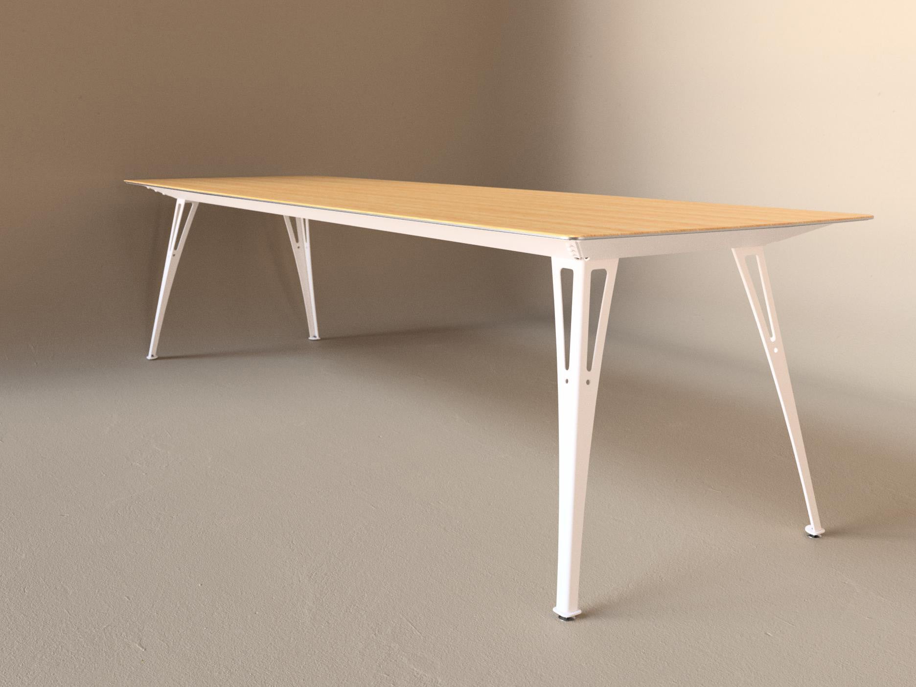 Custom Fortis dining table, 8 seat narrow format, with white oak top and white base