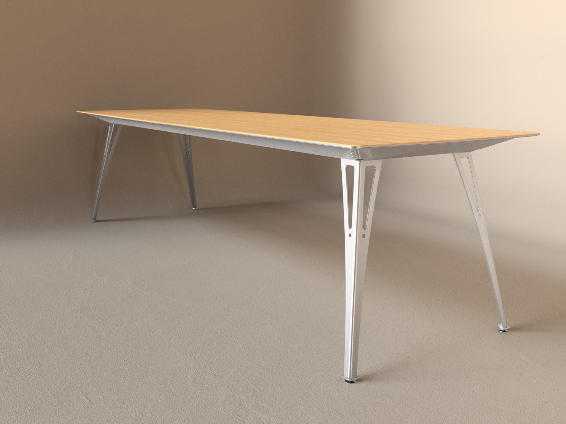 Custom Fortis dining table, 8 seat narrow format, with white oak top and aluminum base