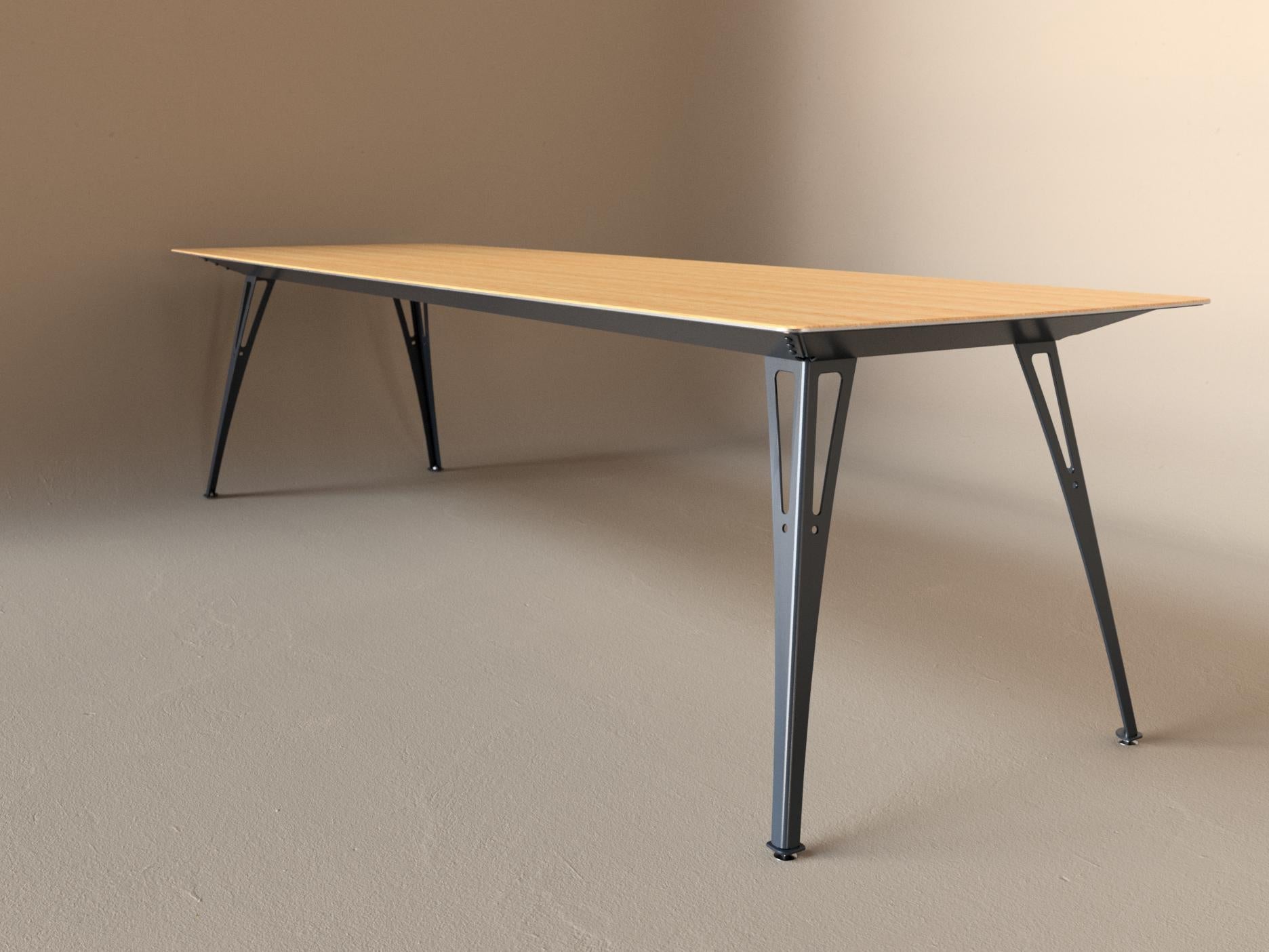Custom Fortis dining table, 8 seat narrow format, with white oak top and raw steel base