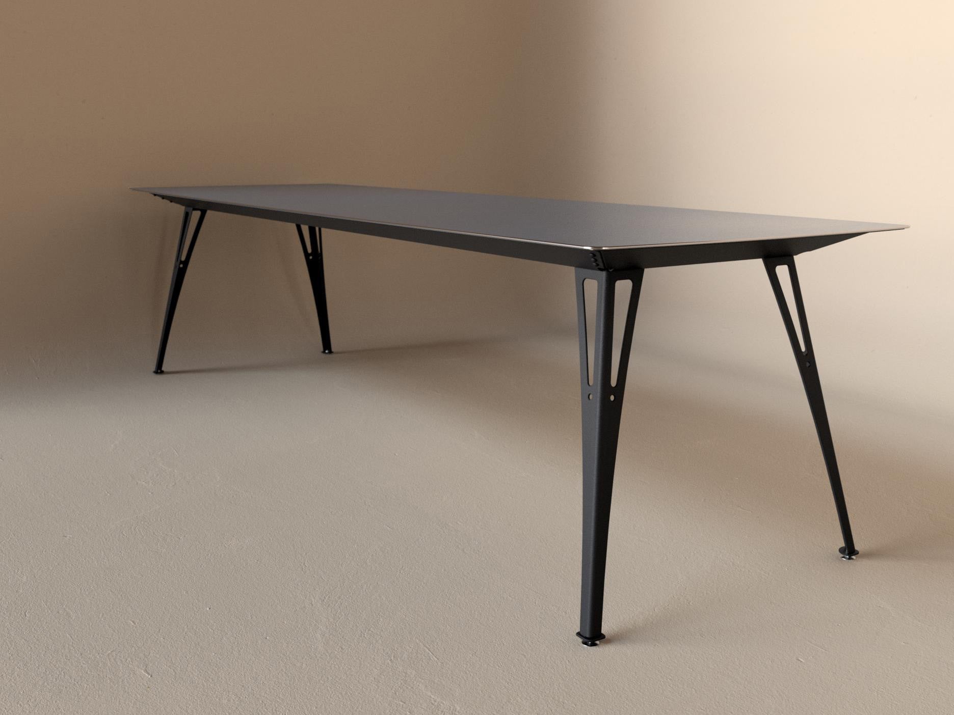 Custom Fortis dining table, 8 seat narrow format, with raw steel top and black base