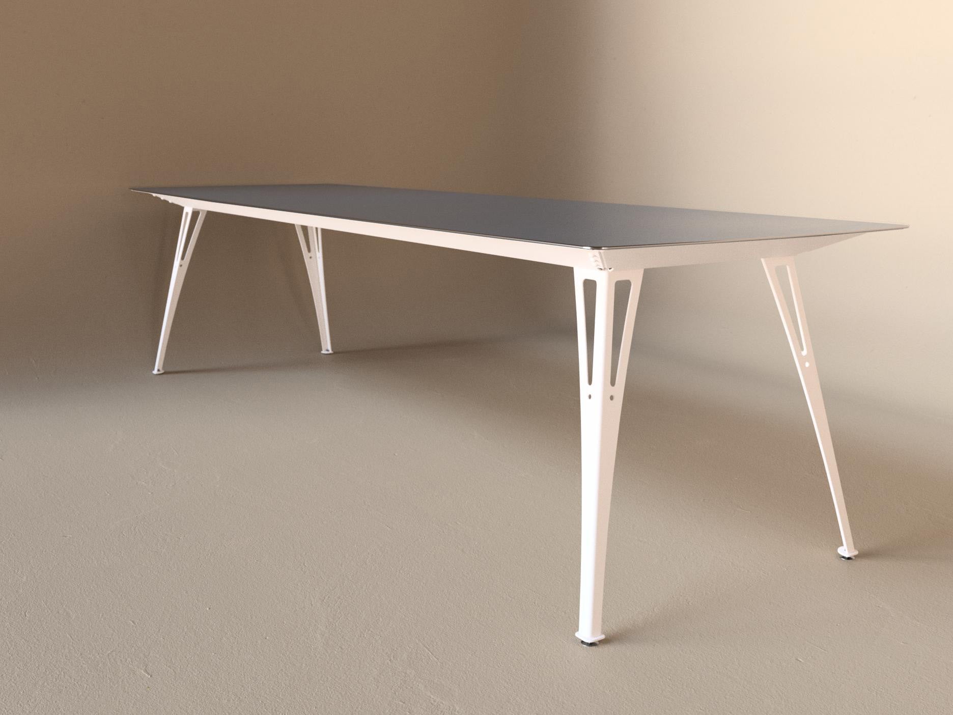 Custom Fortis dining table, 8 seat narrow format, with raw steel top and white base