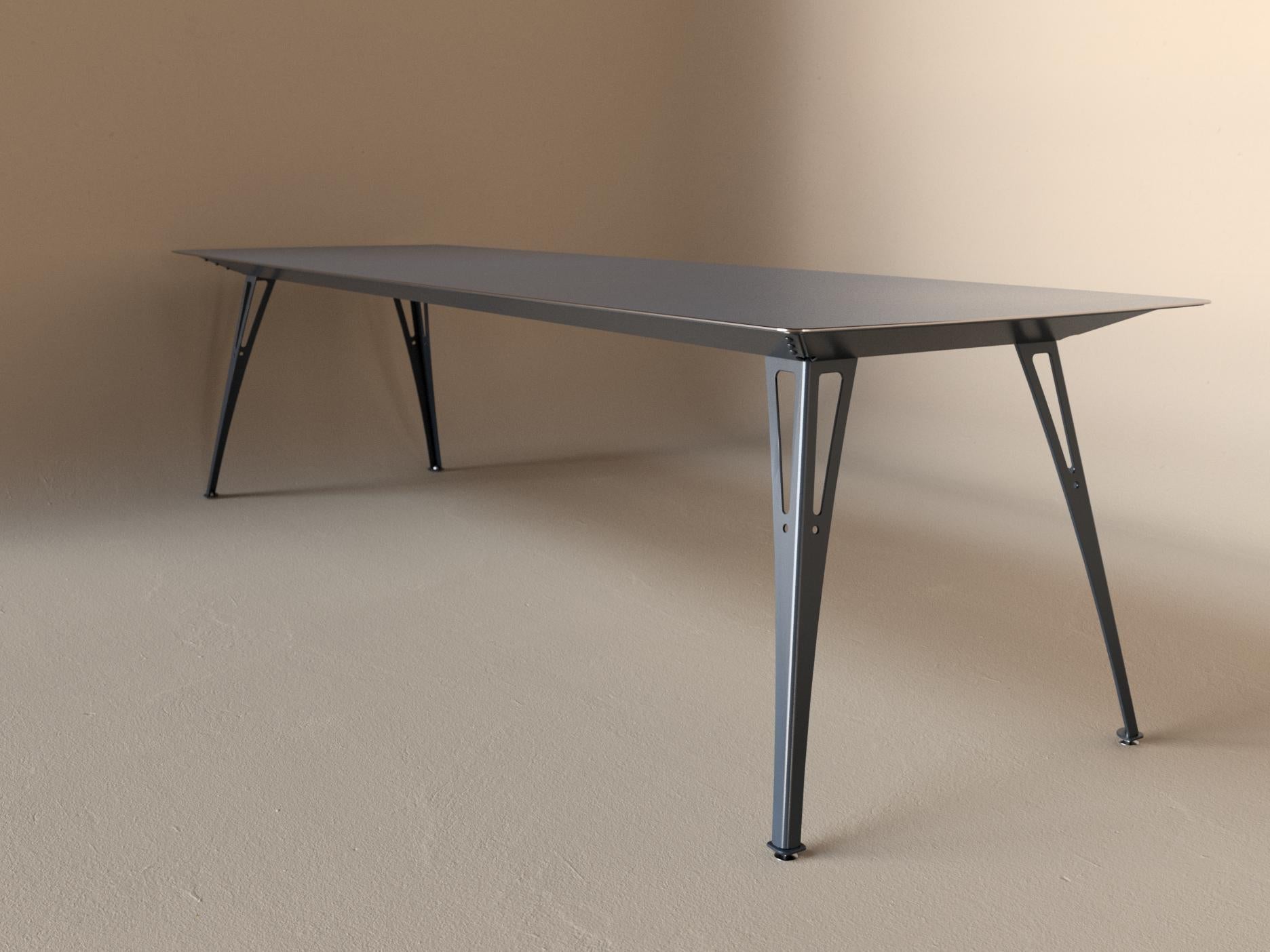 Custom Fortis dining table, 8 seat narrow format, with raw steel top and raw steel base