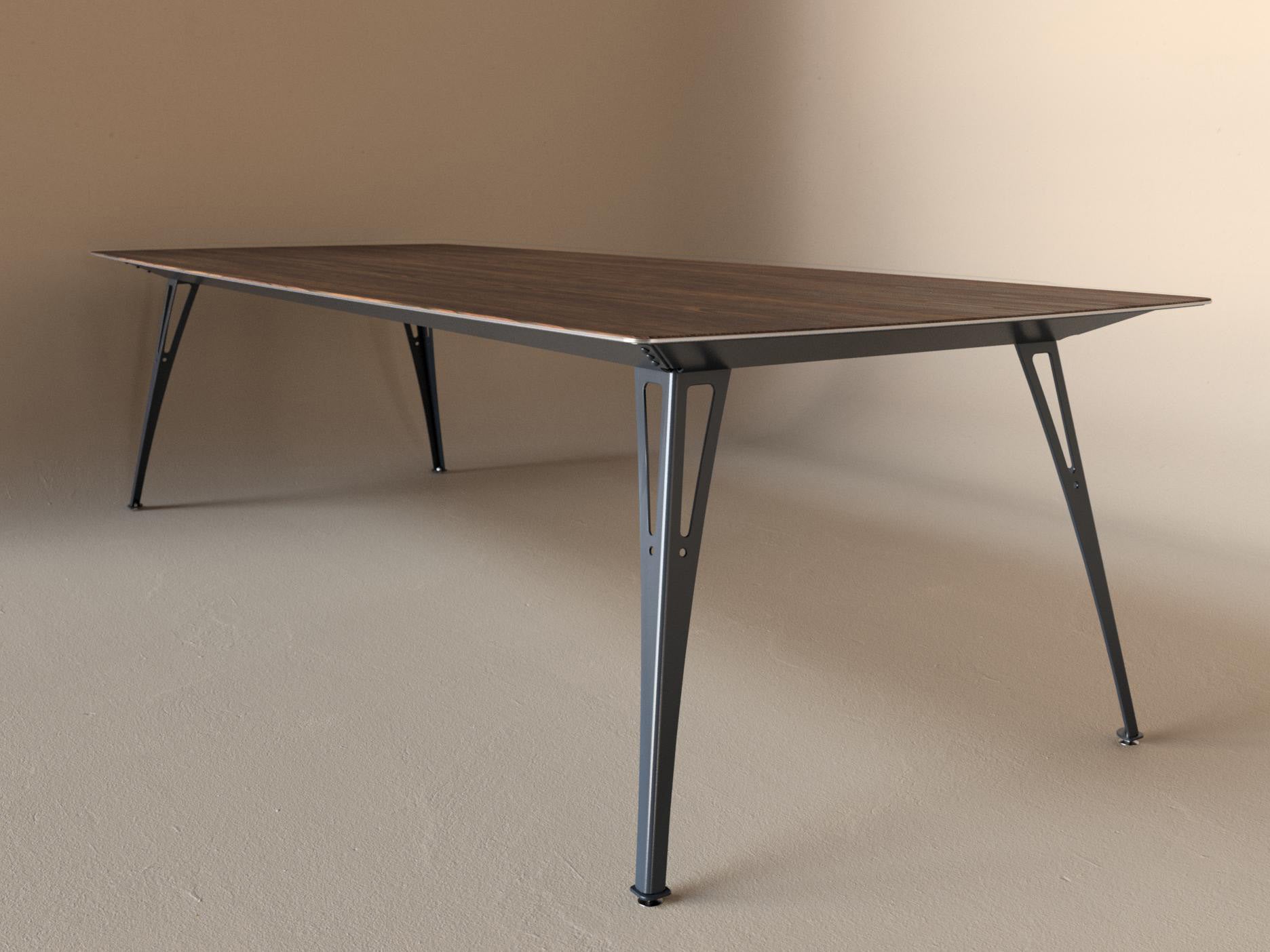 Custom Fortis dining table, 8 seat wide format, with walnut top and raw steel base