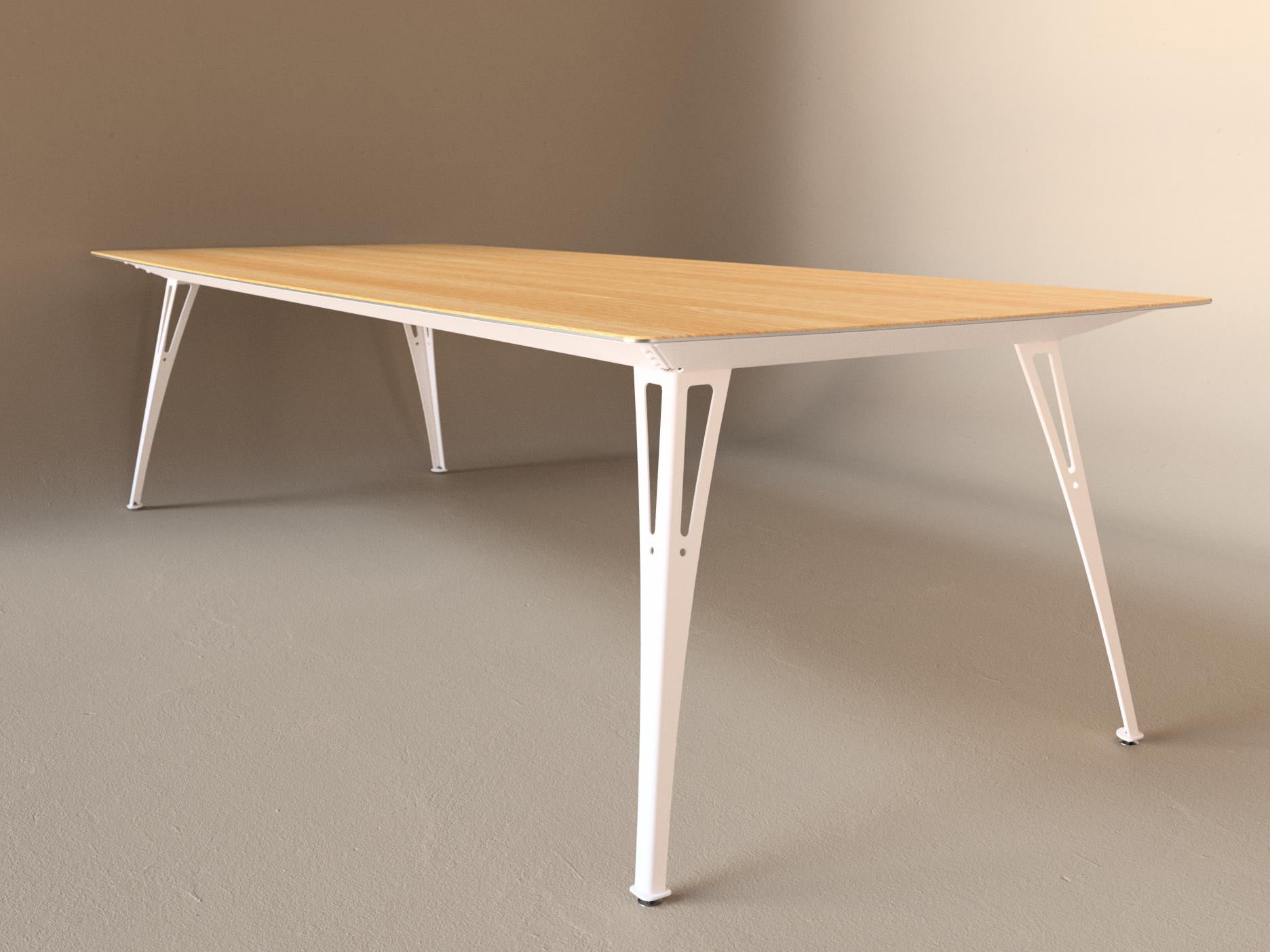 Custom Fortis dining table, 8 seat wide format, with white oak top and white base