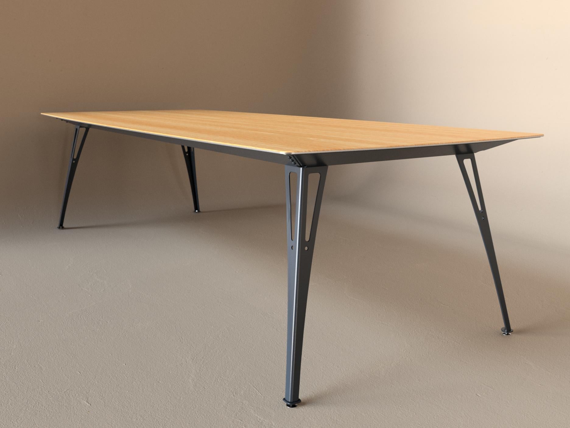 Custom Fortis dining table, 8 seat wide format, with white oak top and raw steel base