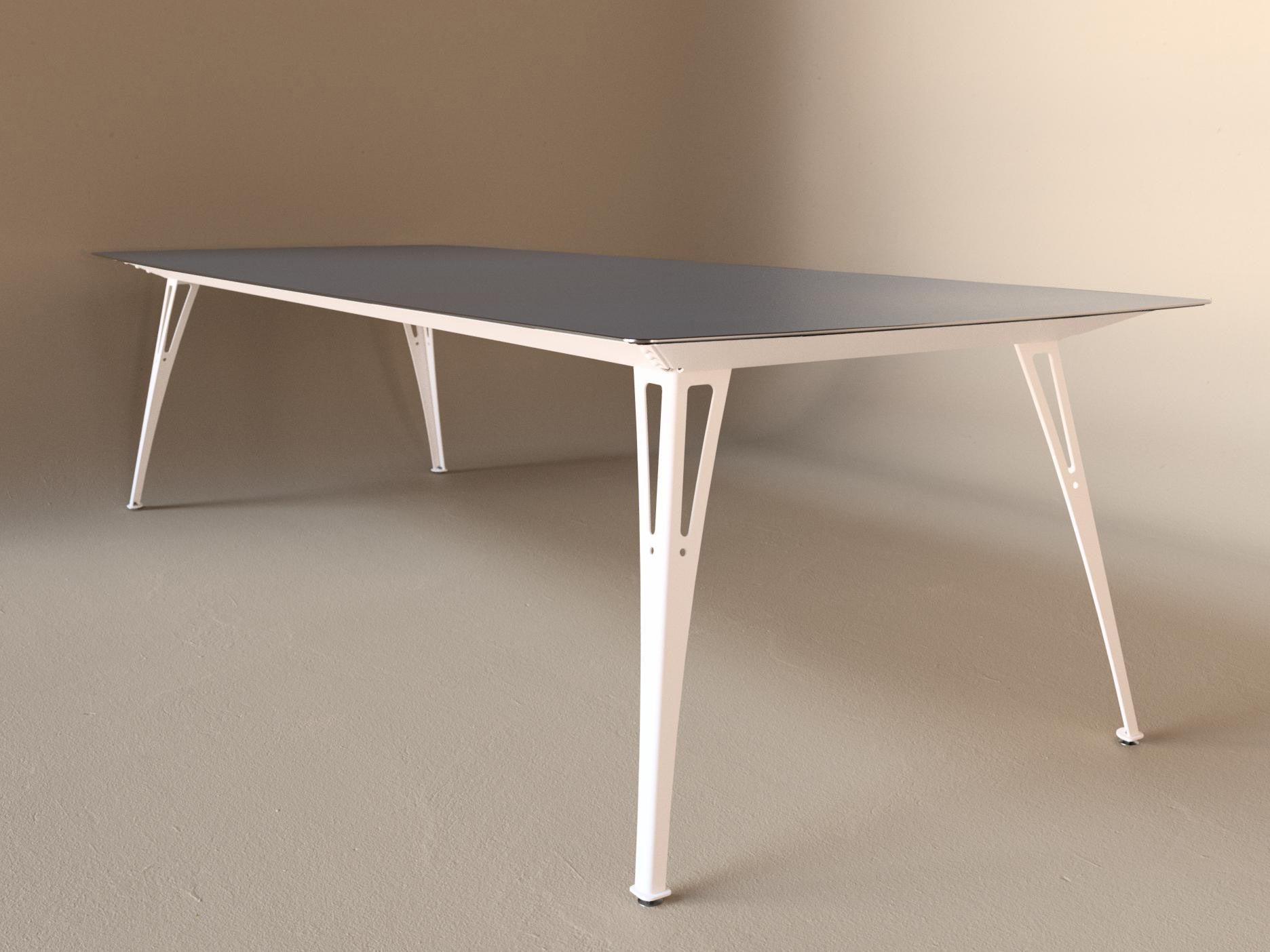 Custom Fortis dining table, 8 seat wide format, with raw steel top and white base