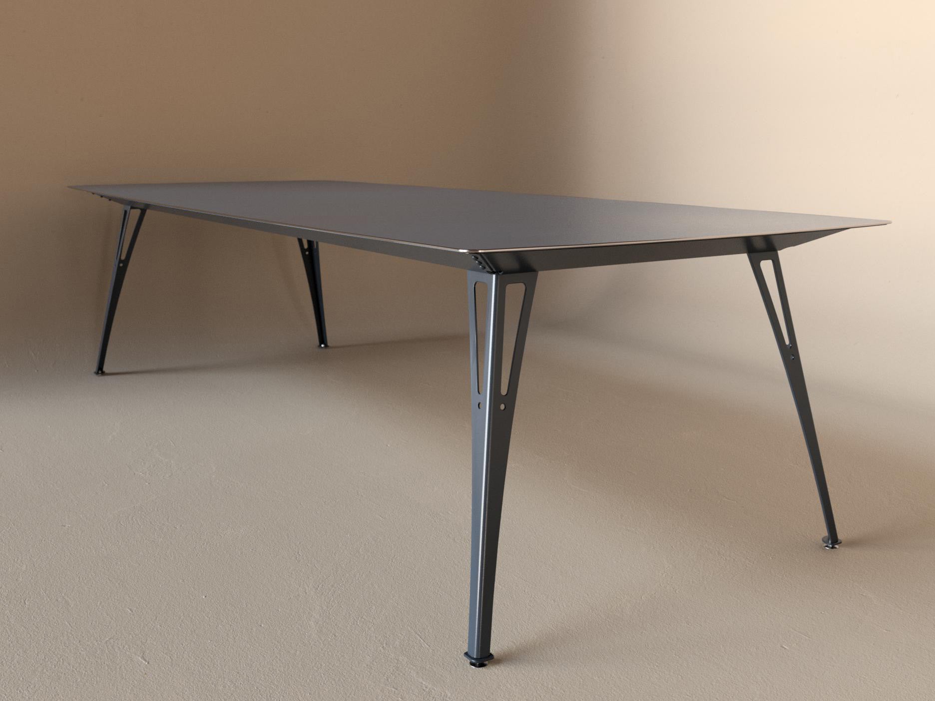 Custom Fortis dining table, 8 seat wide format, with raw steel top and raw steel base