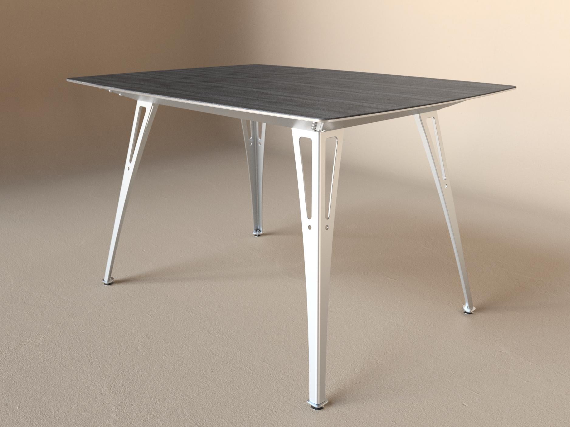 Custom Fortis dining table, 4 seat narrow format, with black maple top and aluminum base