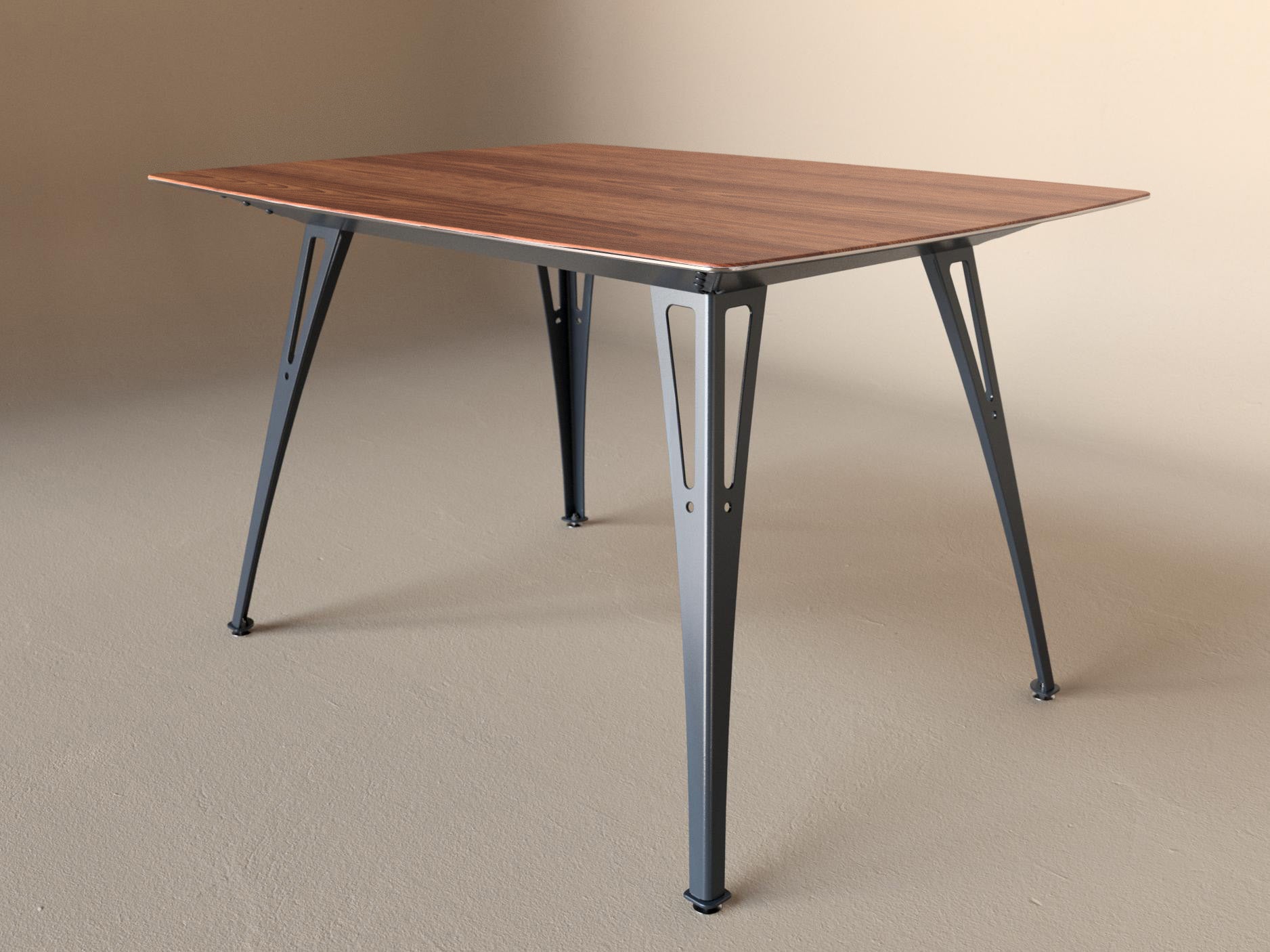 Custom Fortis dining table, 4 seat narrow format, with cherry top and raw steel base