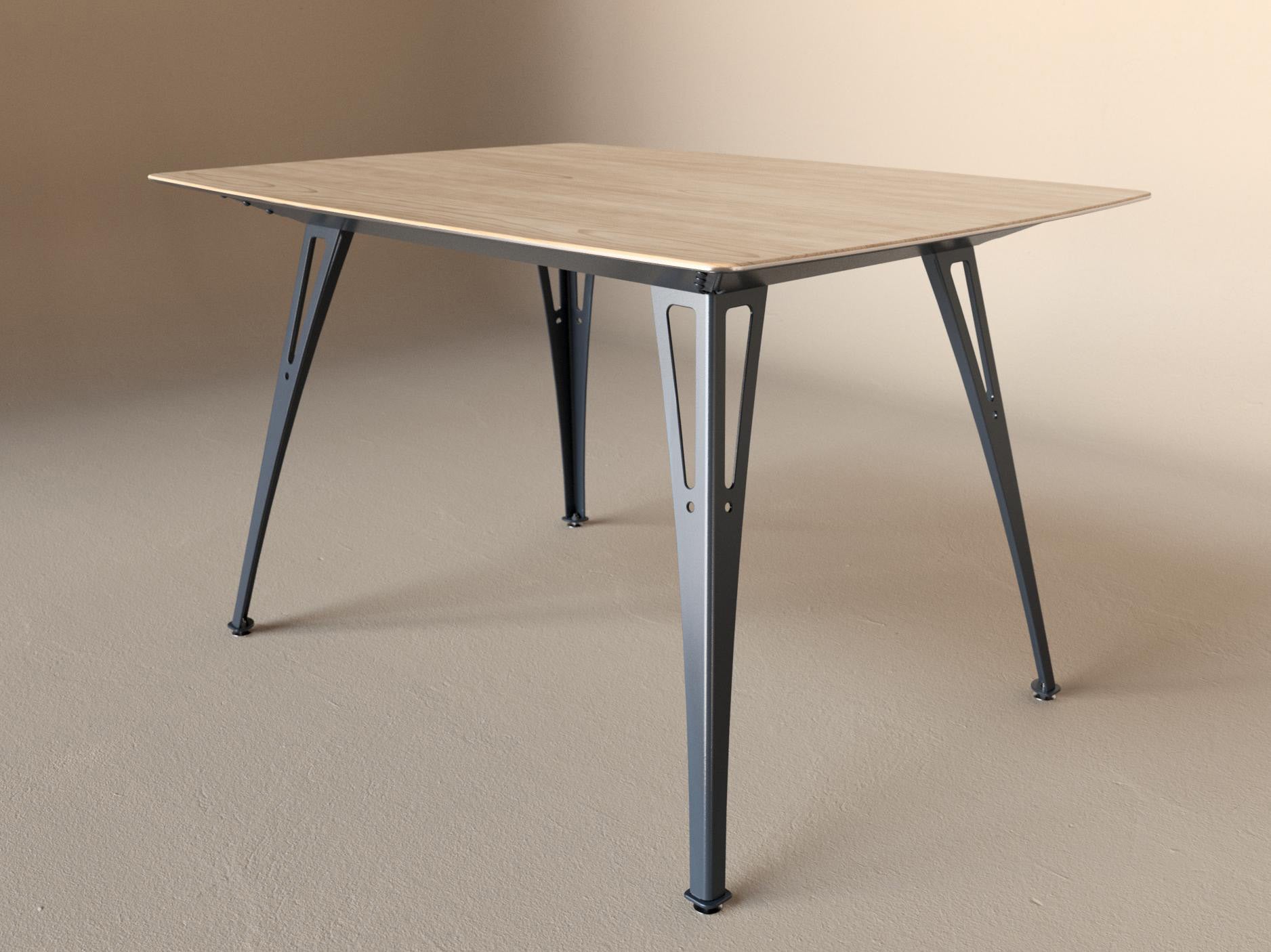 Custom Fortis dining table, 4 seat narrow format, with black maple top and raw steel base
