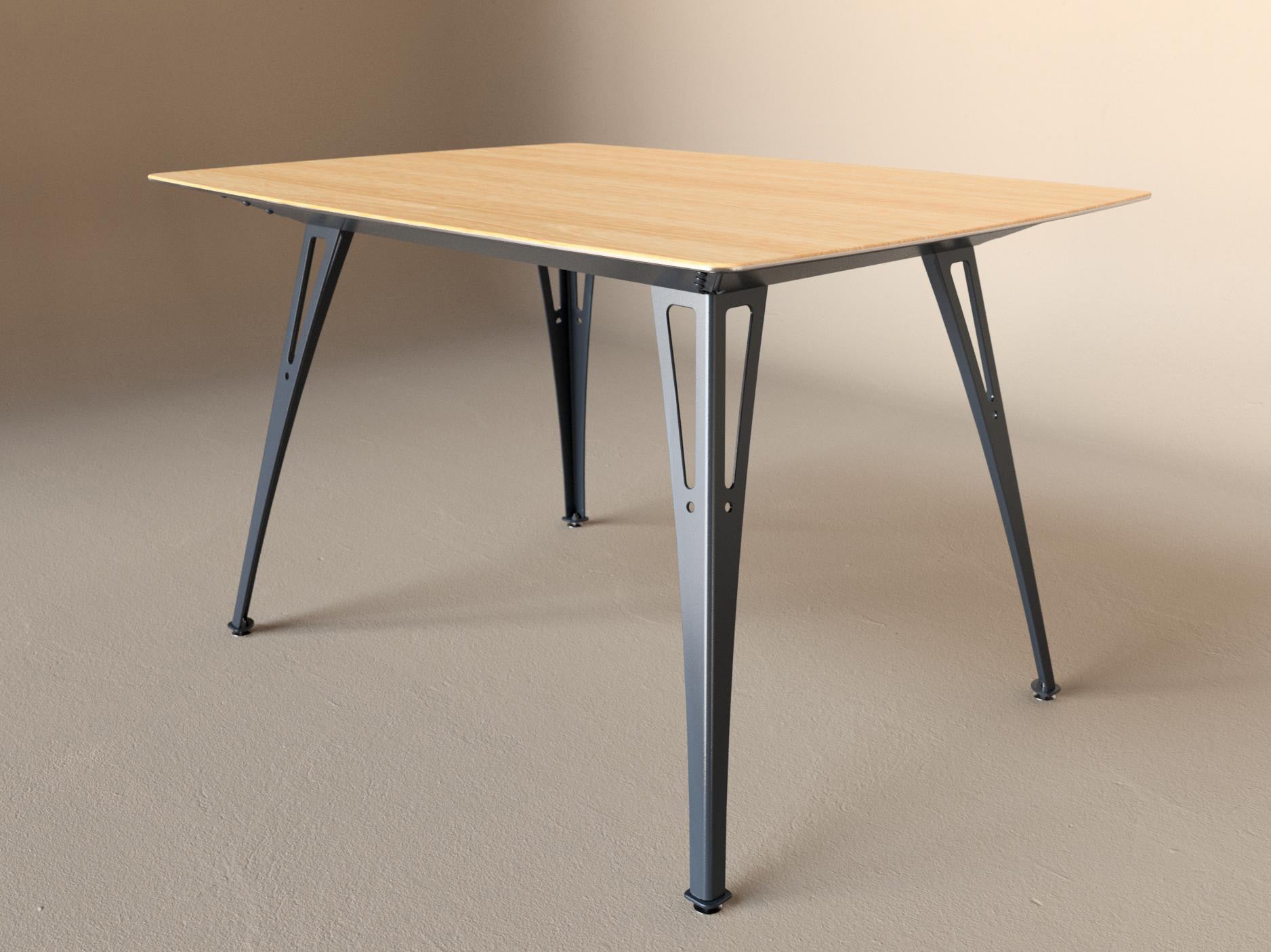 Custom Fortis dining table, 4 seat narrow format, with white oak top and raw steel base