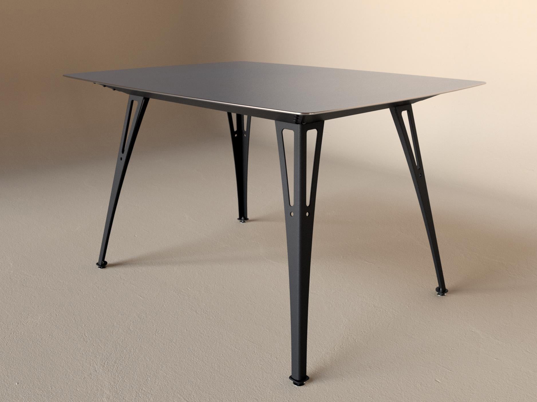 Custom Fortis dining table, 4 seat narrow format, with raw steel top and black base