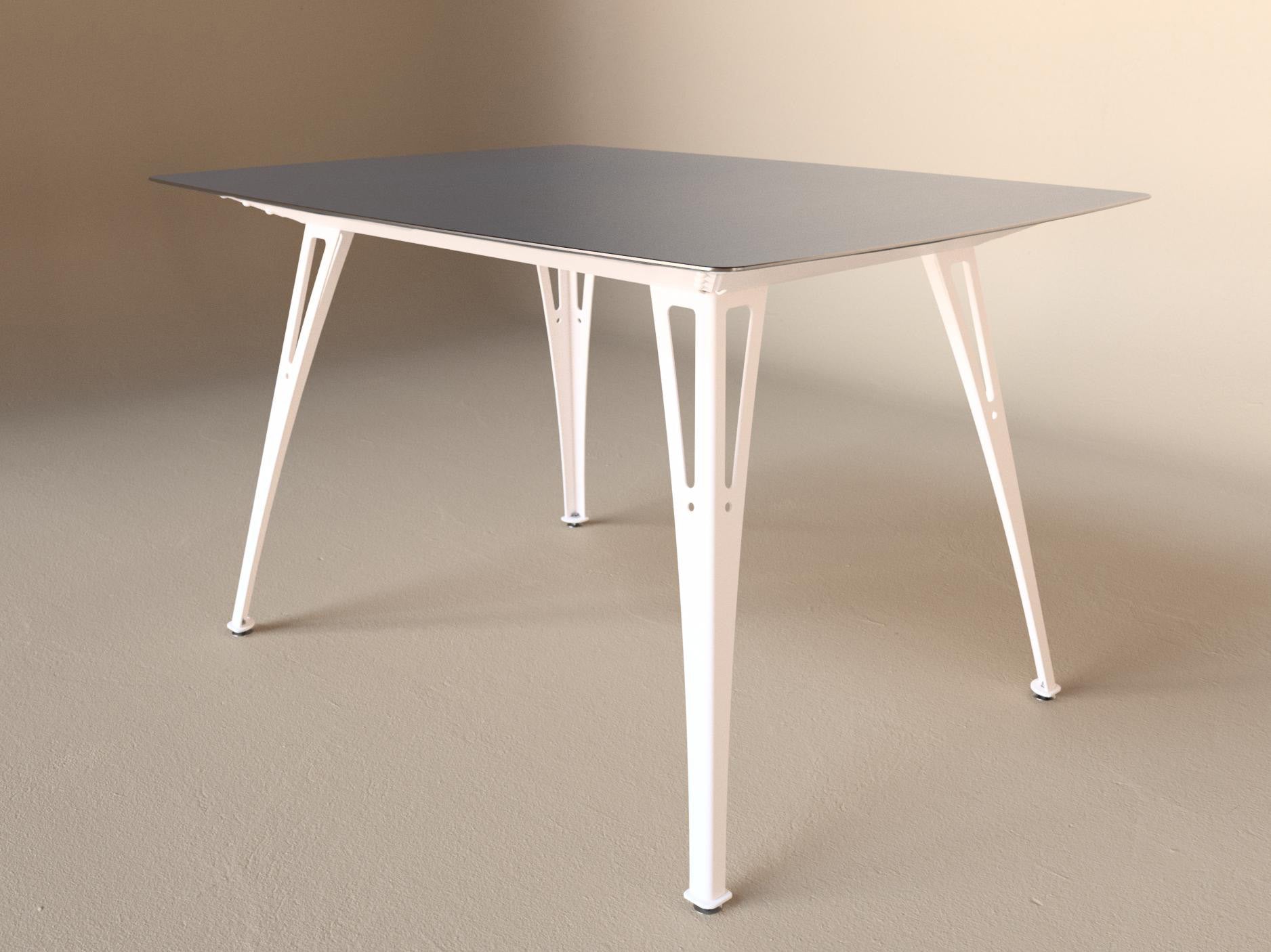 Custom Fortis dining table, 4 seat narrow format, with raw steel top and white base