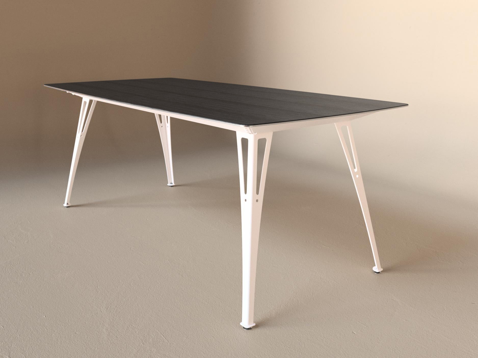 Custom Fortis dining table, 6 seat narrow format, with black maple top and white base
