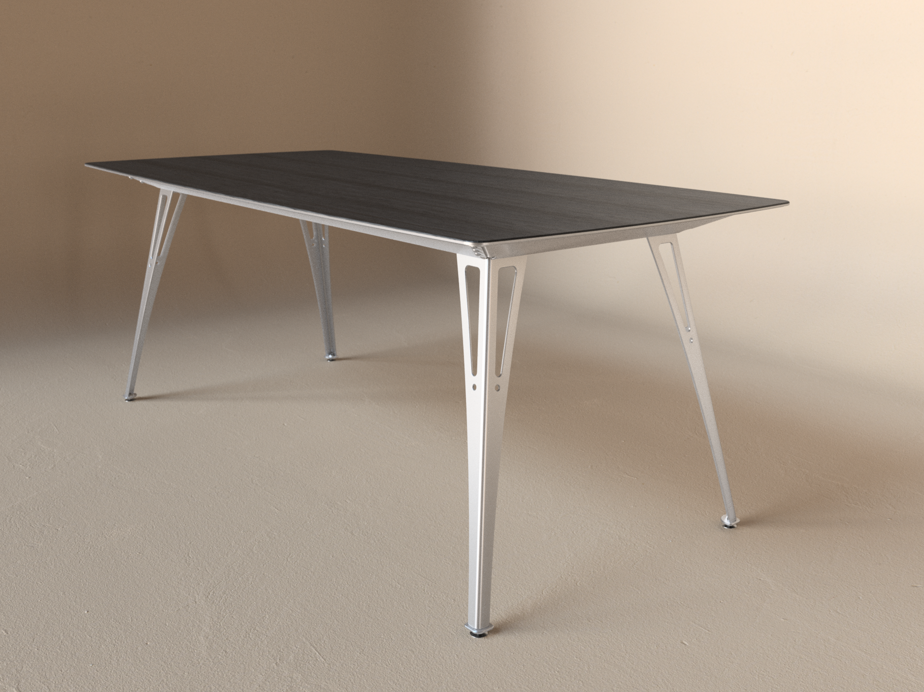 Custom Fortis dining table, 6 seat narrow format, with black maple top and aluminum base