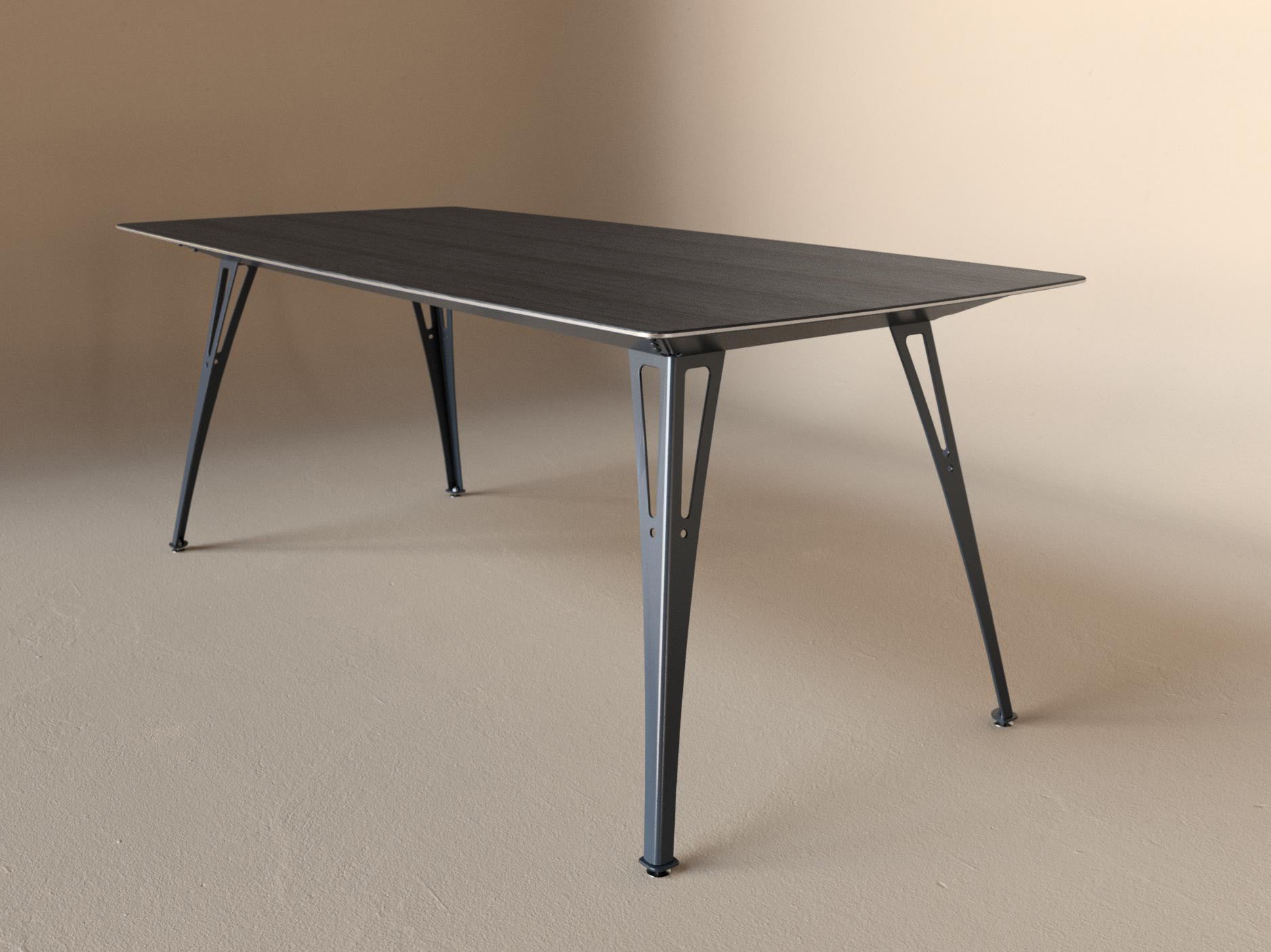 Custom Fortis dining table, 6 seat narrow format, with black maple top and raw steel base