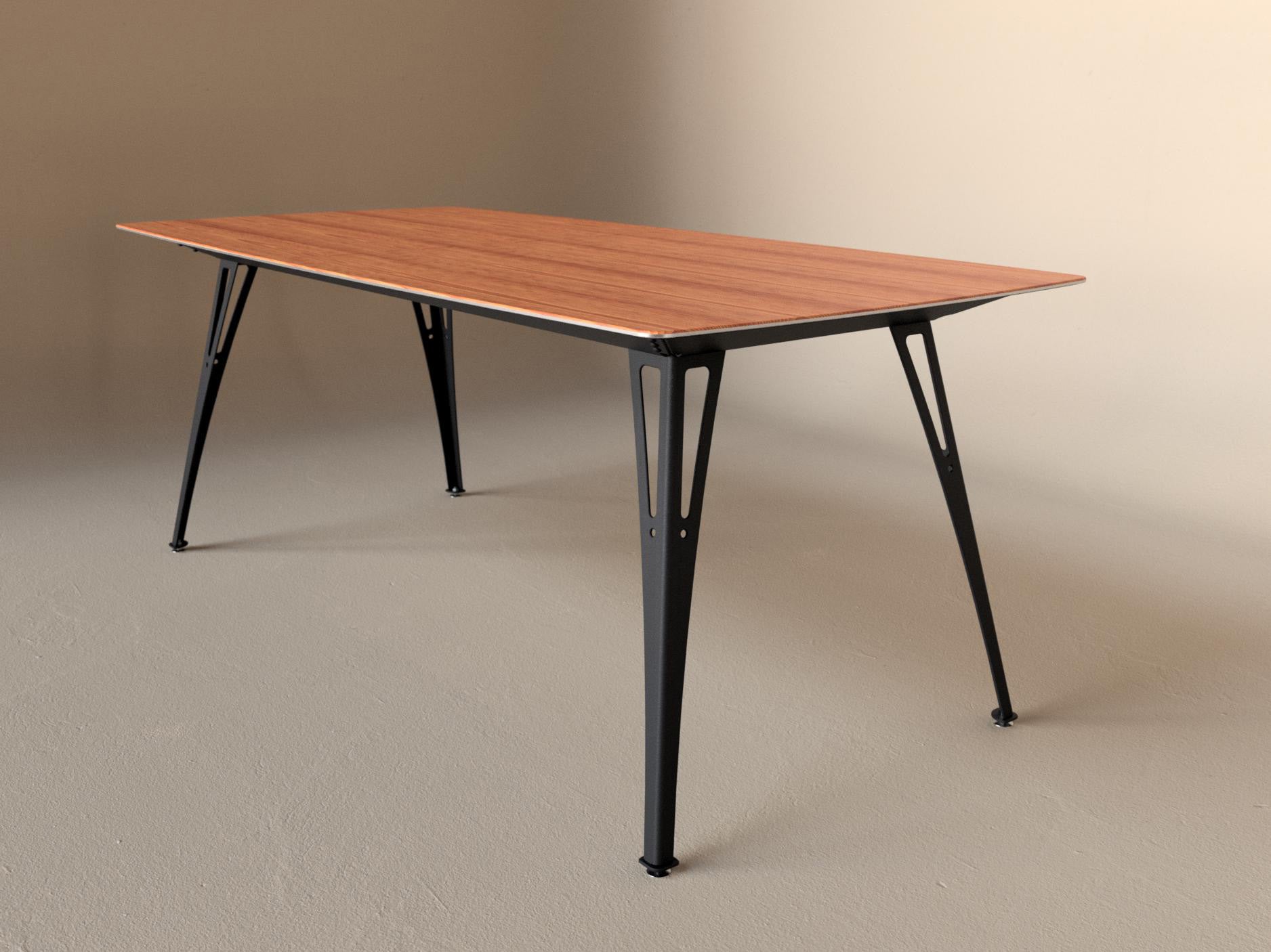 Custom Fortis dining table, 6 seat narrow format, with cherry top and aluminum base