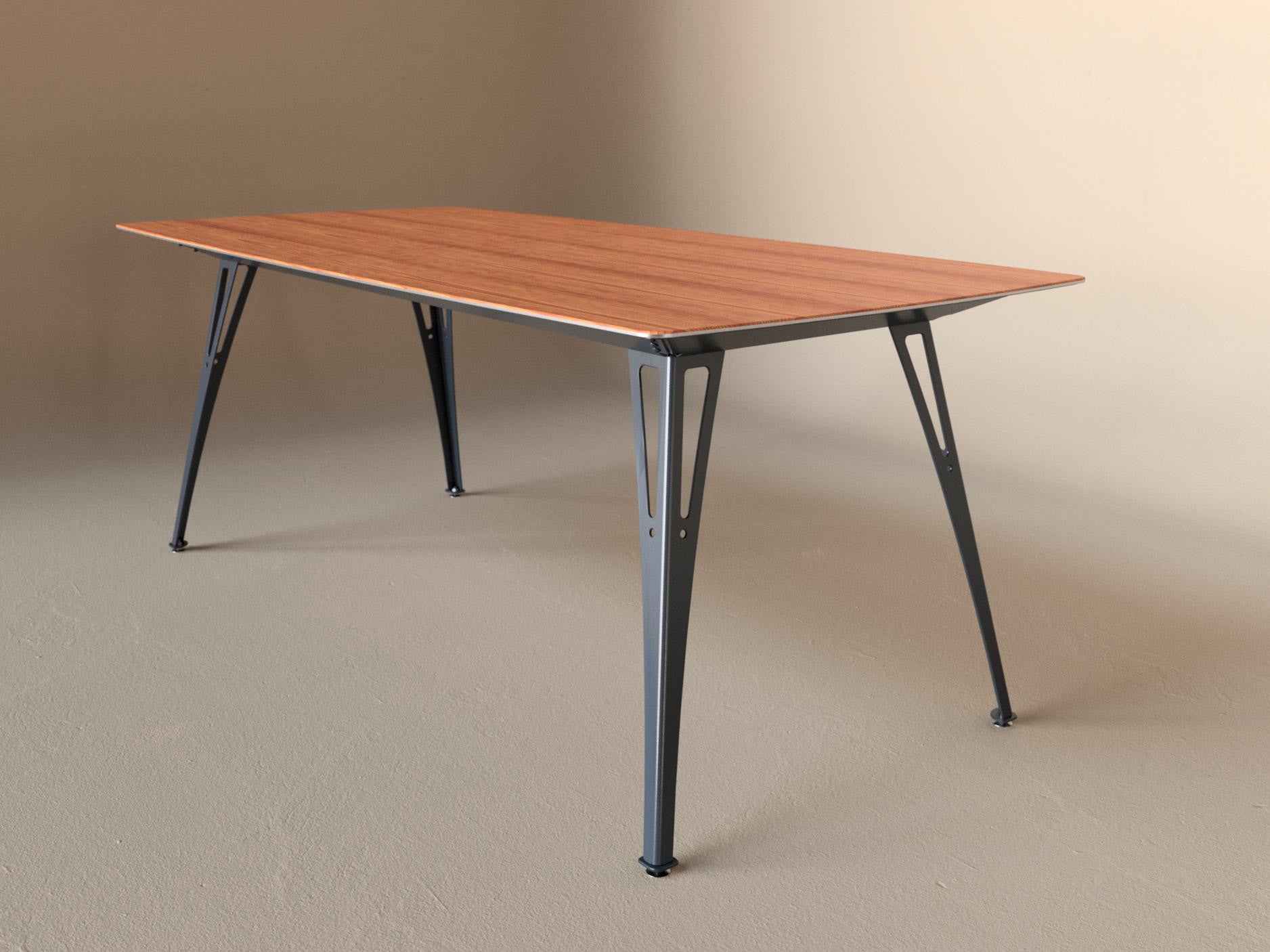 Custom Fortis dining table, 6 seat narrow format, with cherry top and raw steel base