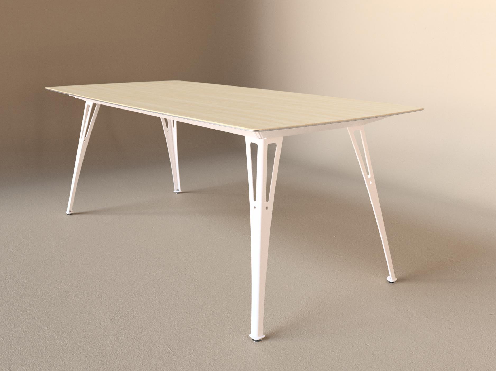 Custom Fortis dining table, 6 seat narrow format, with maple top and white base