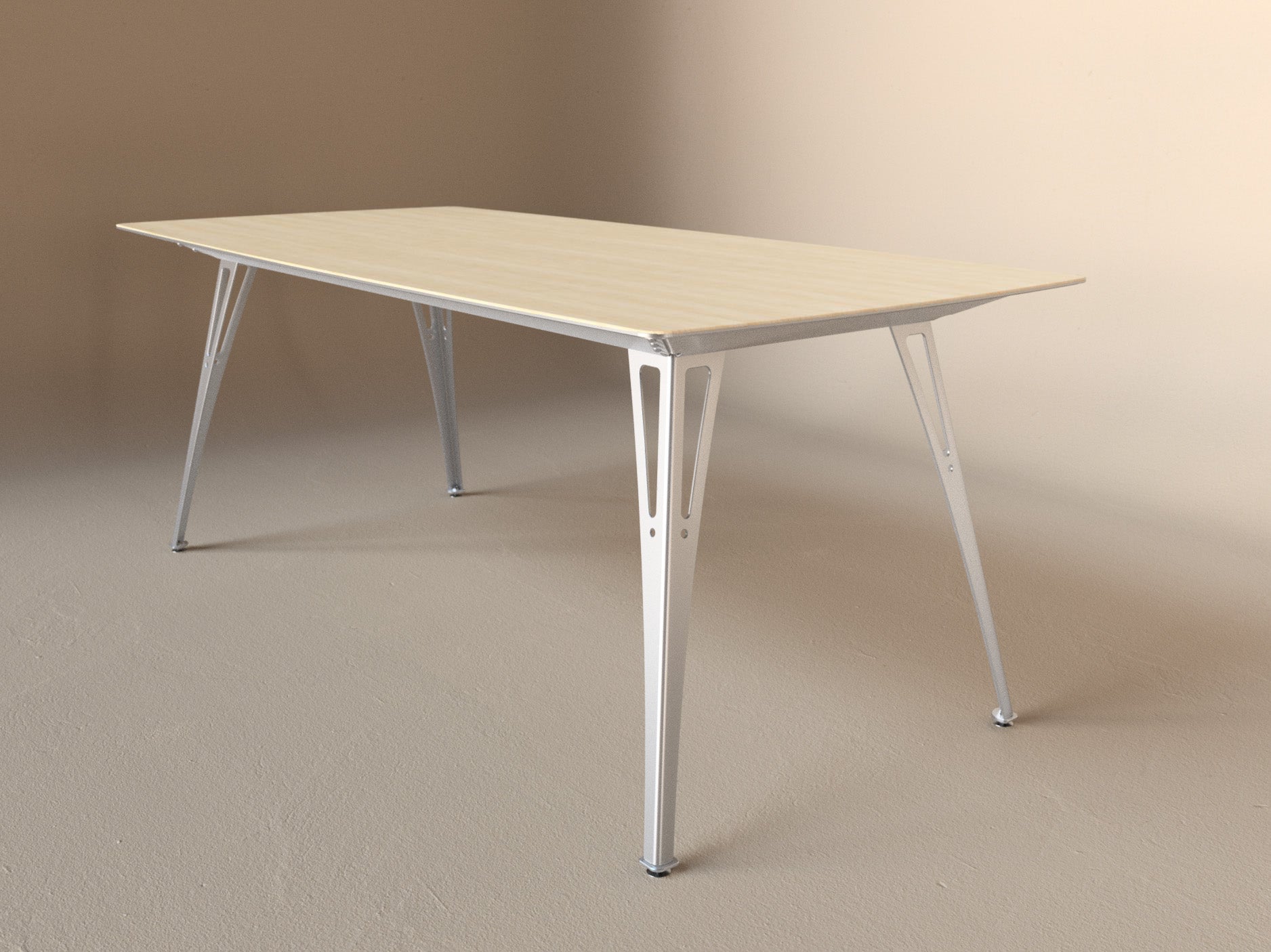 Custom Fortis dining table, 6 seat narrow format, with maple top and aluminum base