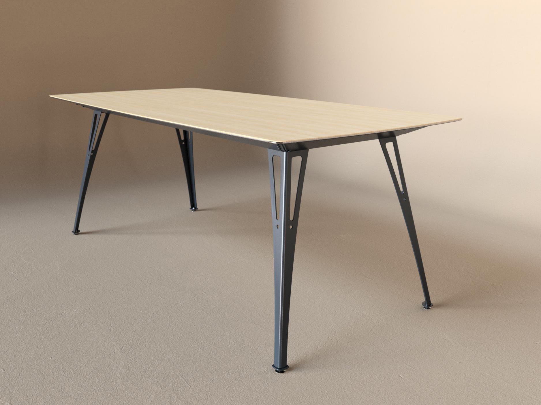 Custom Fortis dining table, 6 seat narrow format, with maple top and raw steel base