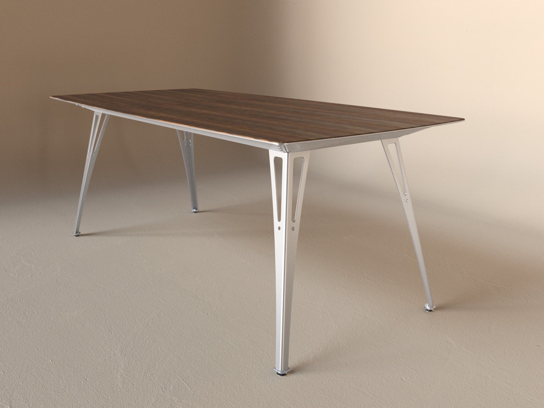 Custom Fortis dining table, 6 seat narrow format, with walnut top and aluminum base