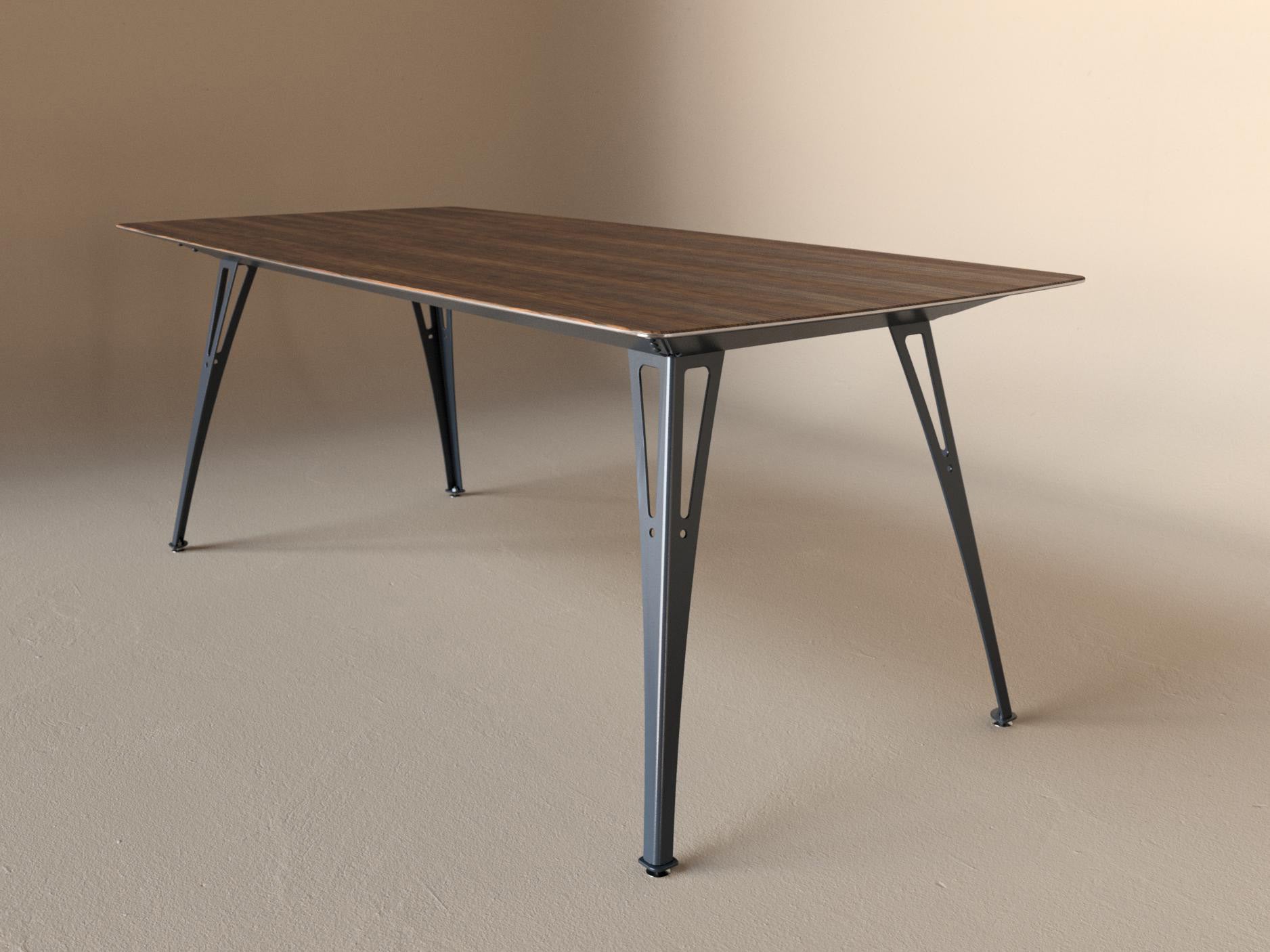 Custom Fortis dining table, 6 seat narrow format, with walnut top and raw steel base