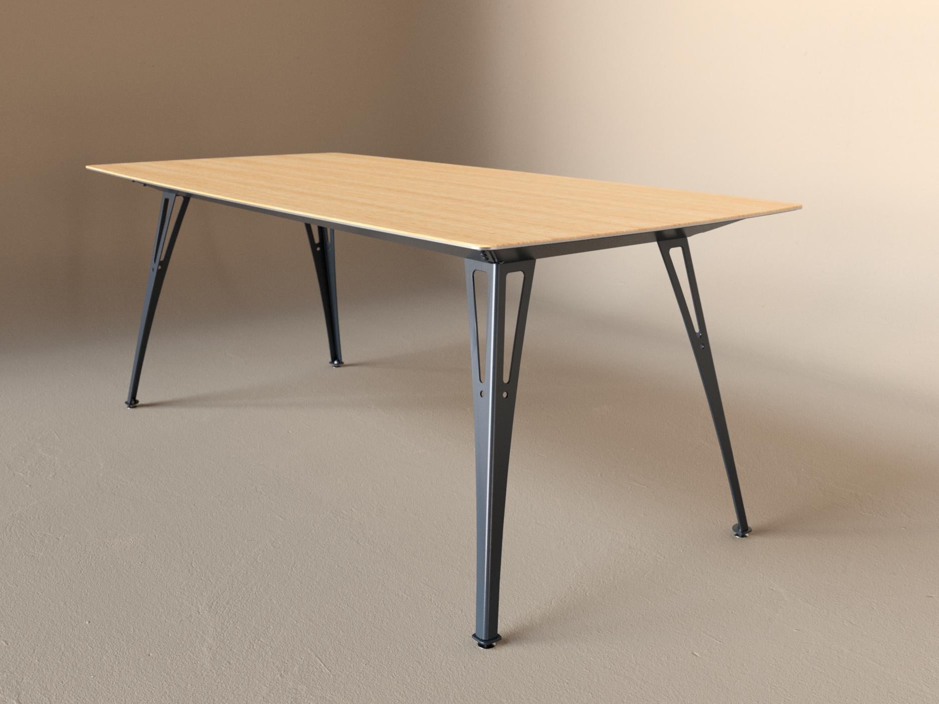 Custom Fortis dining table, 6 seat narrow format, with white oak top and raw steel base