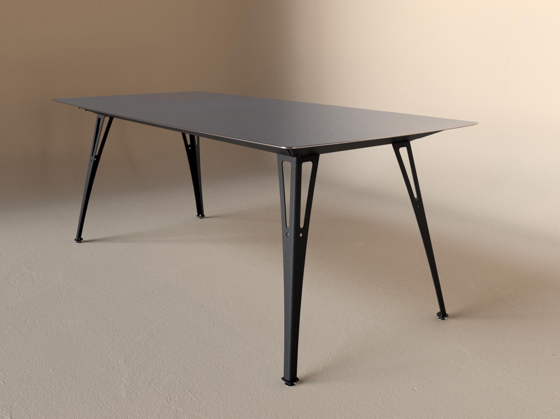 Custom Fortis dining table, 6 seat narrow format, with raw steel top and black base