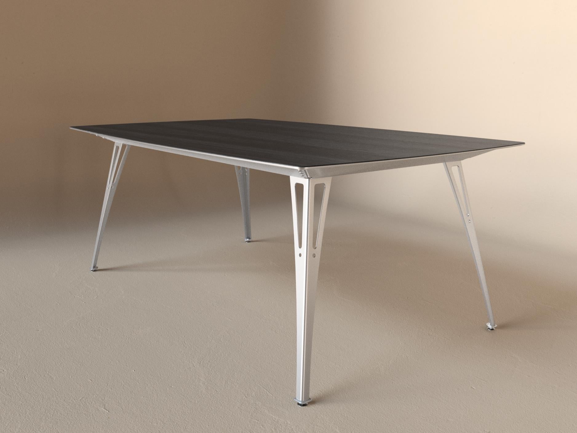 Custom Fortis dining table, 6 seat wide format, with black maple top and aluminum base