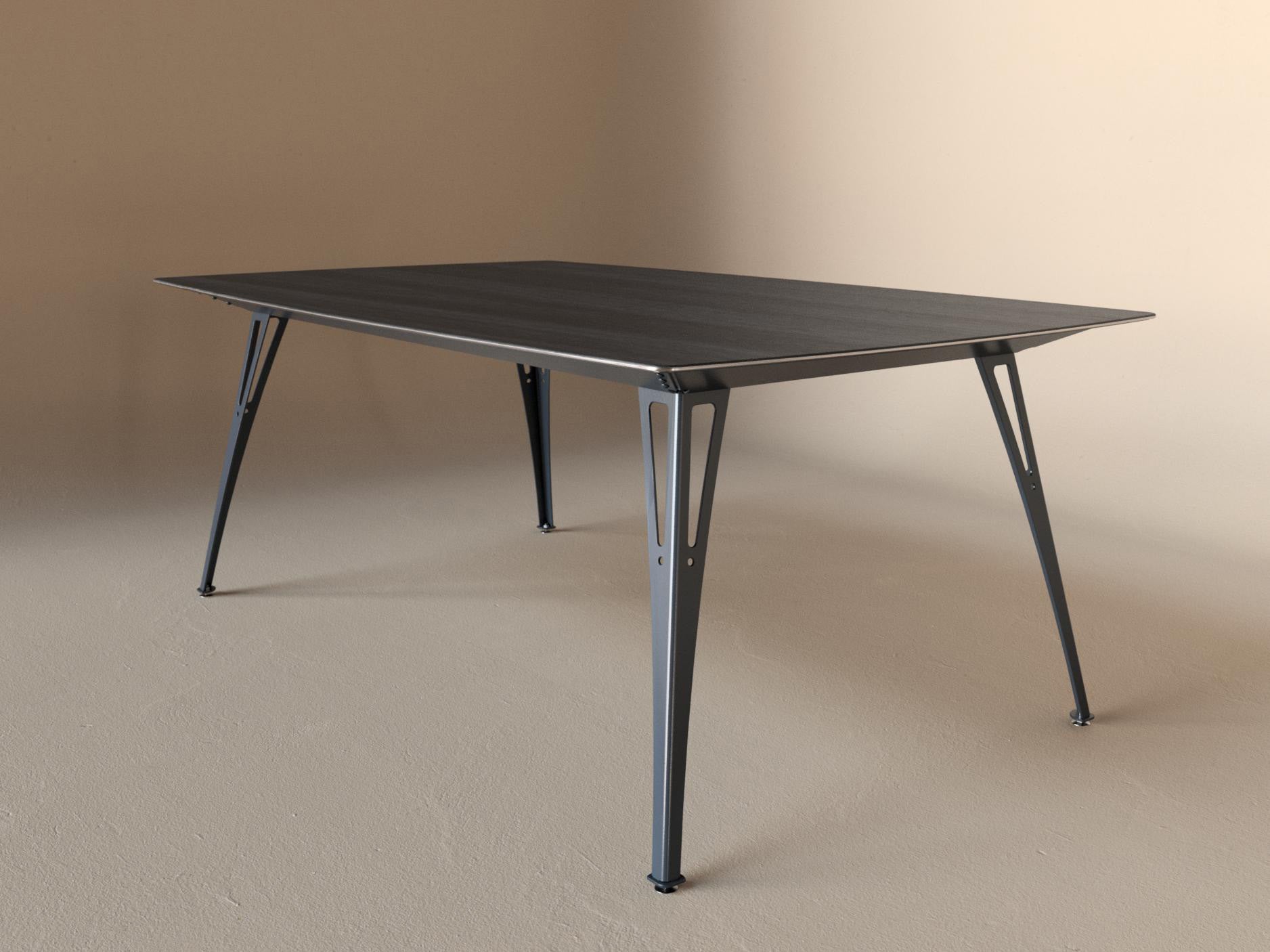 Custom Fortis dining table, 6 seat wide format, with black maple top and raw steel base