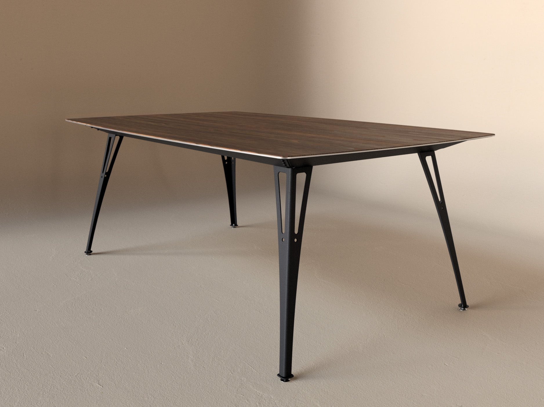 Custom Fortis dining table, 6 seat wide format, with walnut top and raw steel base