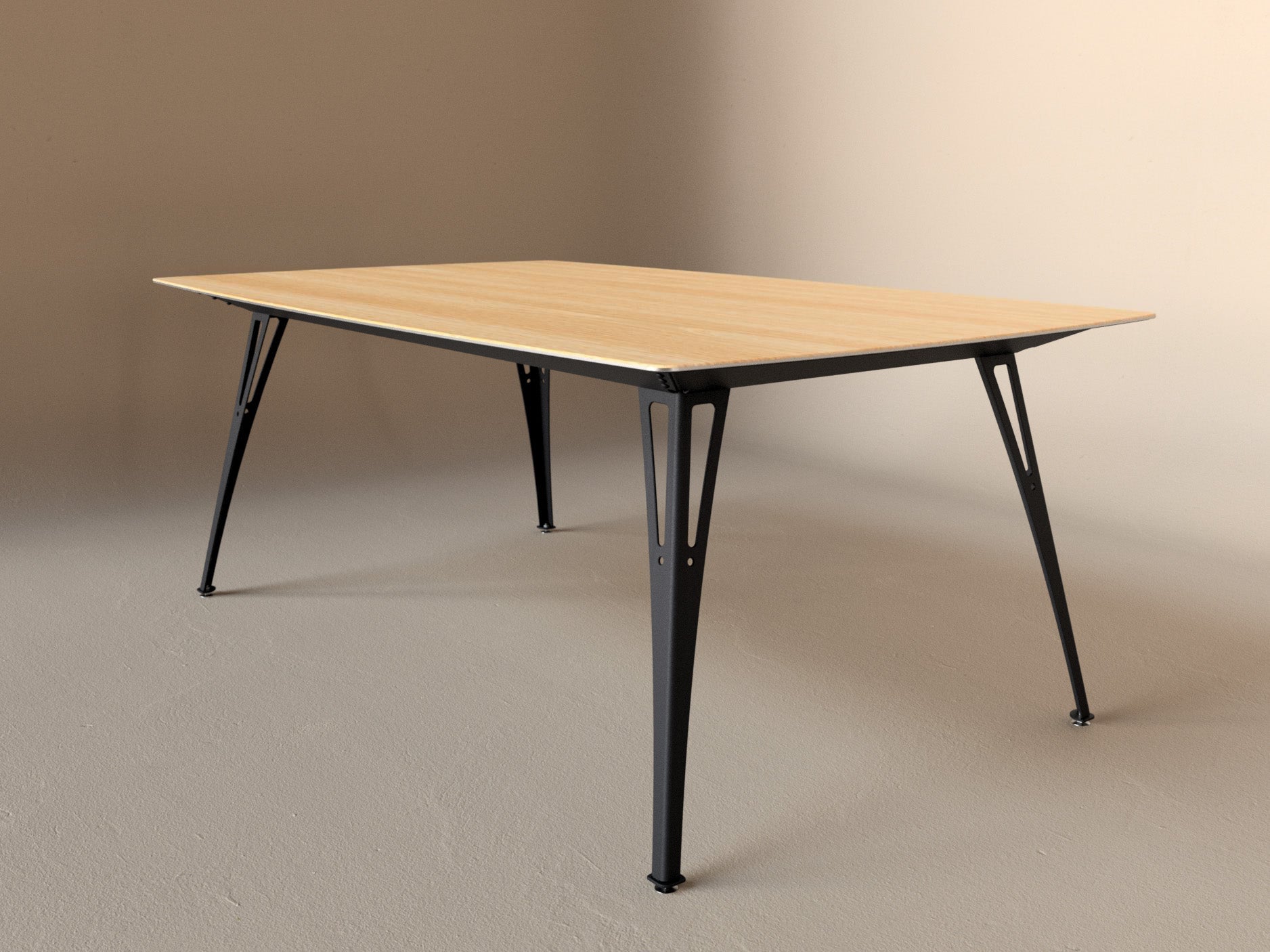 Custom Fortis dining table, 6 seat wide format, with white oak top and black base