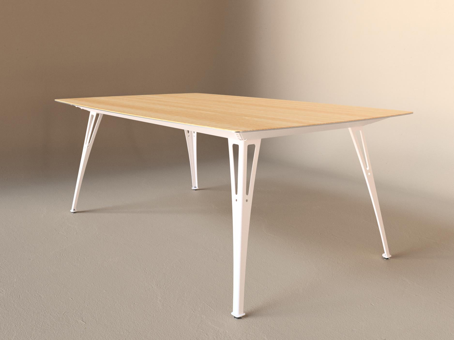 Custom Fortis dining table, 6 seat wide format, with white oak top and white base