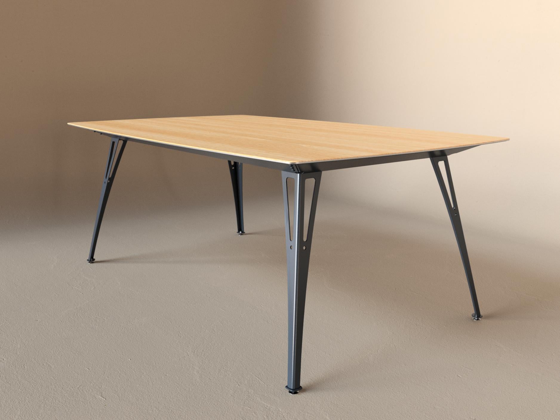 Custom Fortis dining table, 6 seat wide format, with white oak top and raw steel base